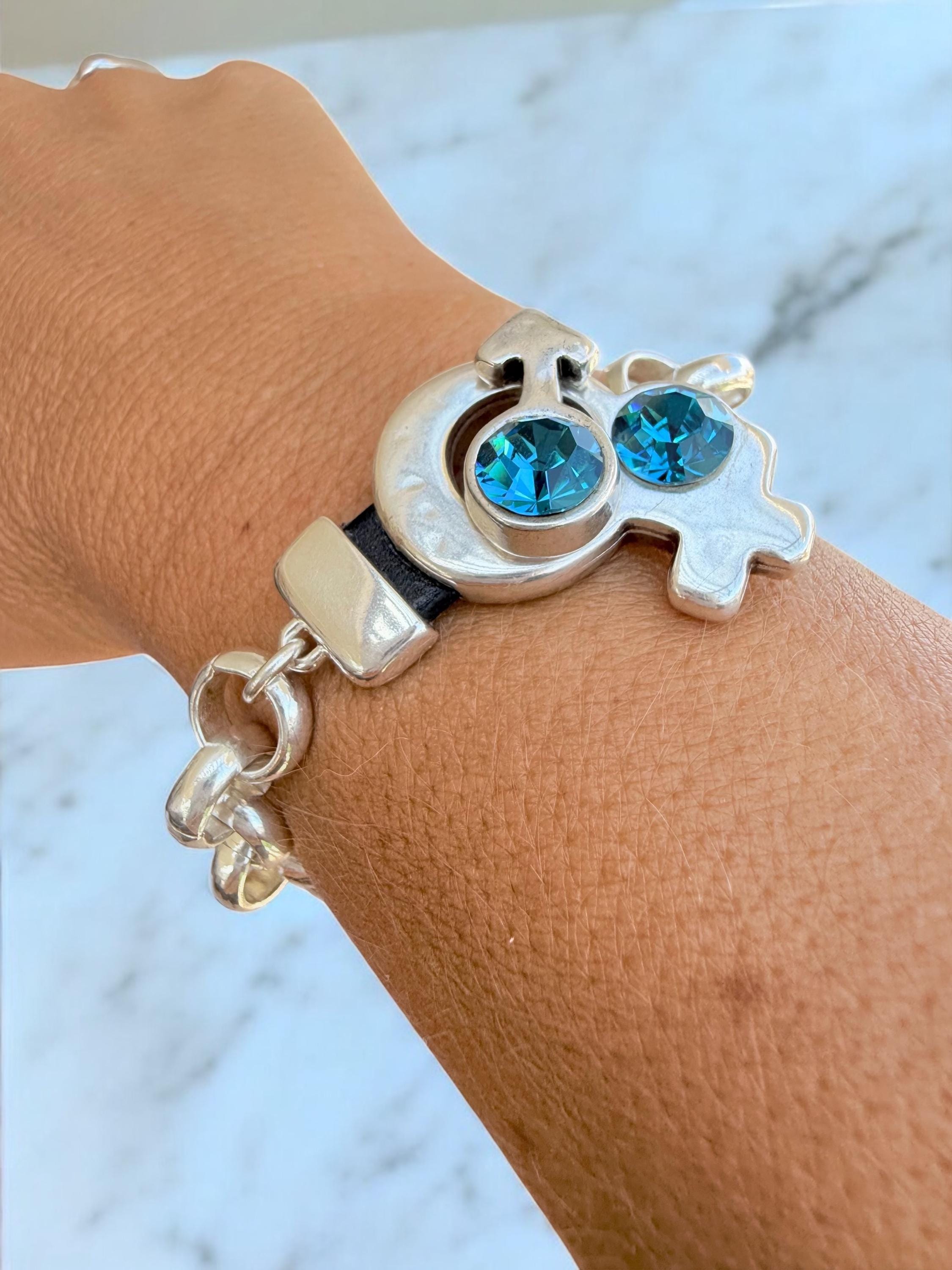 Chunky Silver Rolo Chain Bracelet with Swarovski Crystals – Feminine & Masculine Symbol Toggle Clasp – Customizable Kukuri Jewelry Design