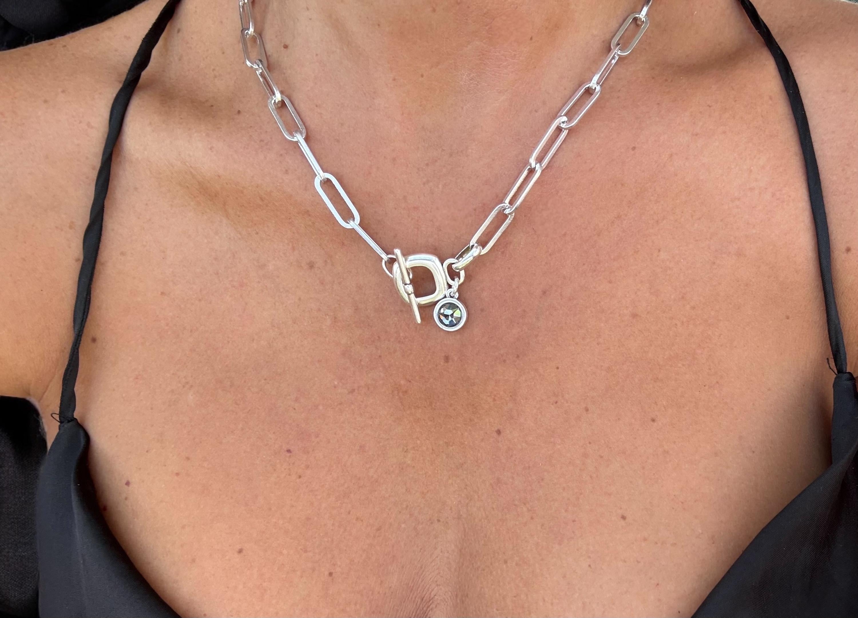 Chunky silver chain toggle necklace with Swarovski crystal charm, bold chain toggle silver choker, uno de 50 style, valentines gift,