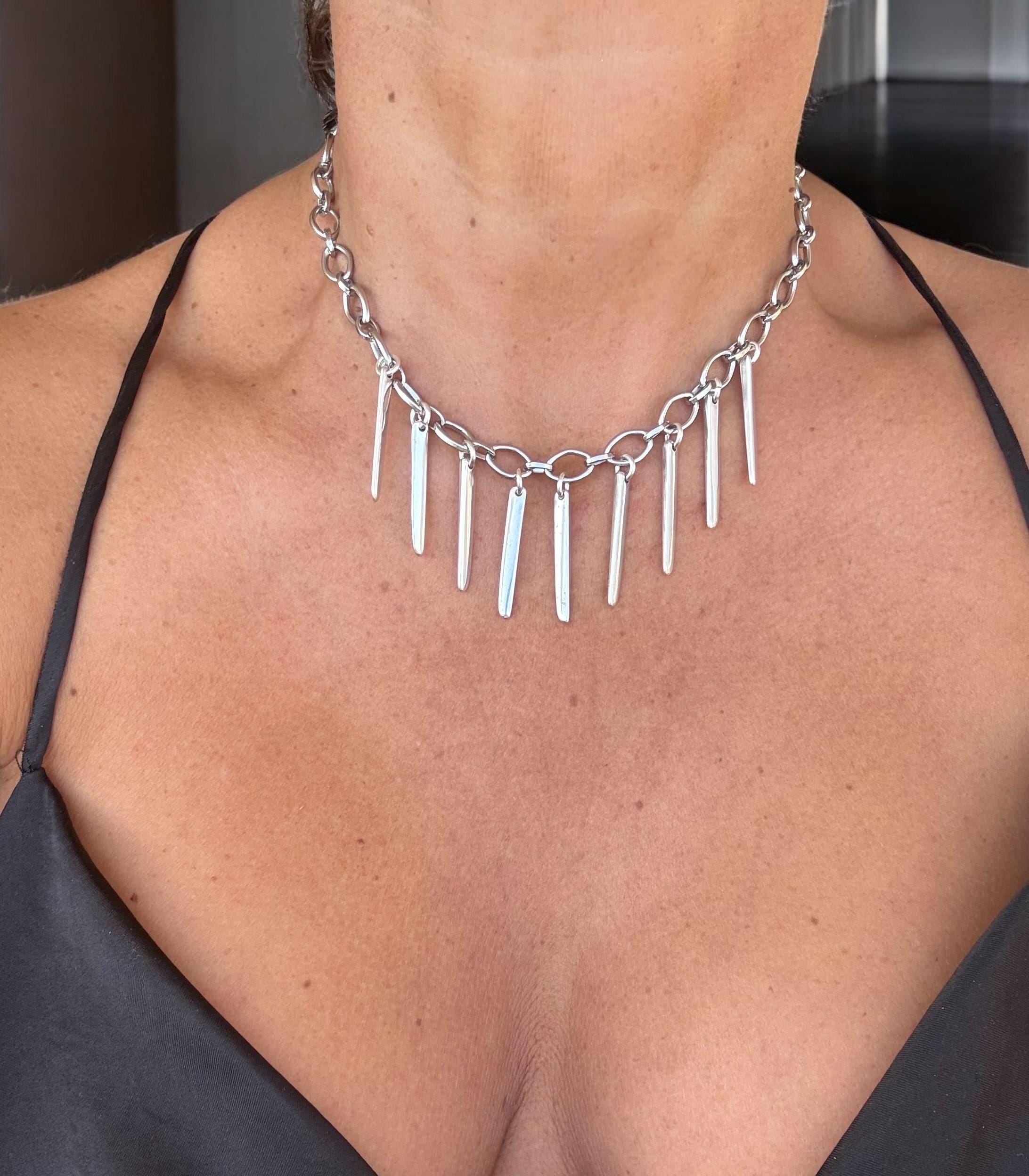 Bold Steel Chain chunky Necklace with Sculptural Silver Spikes – Voluminous Urban Design with Geometric Edge - statement choker - gift
