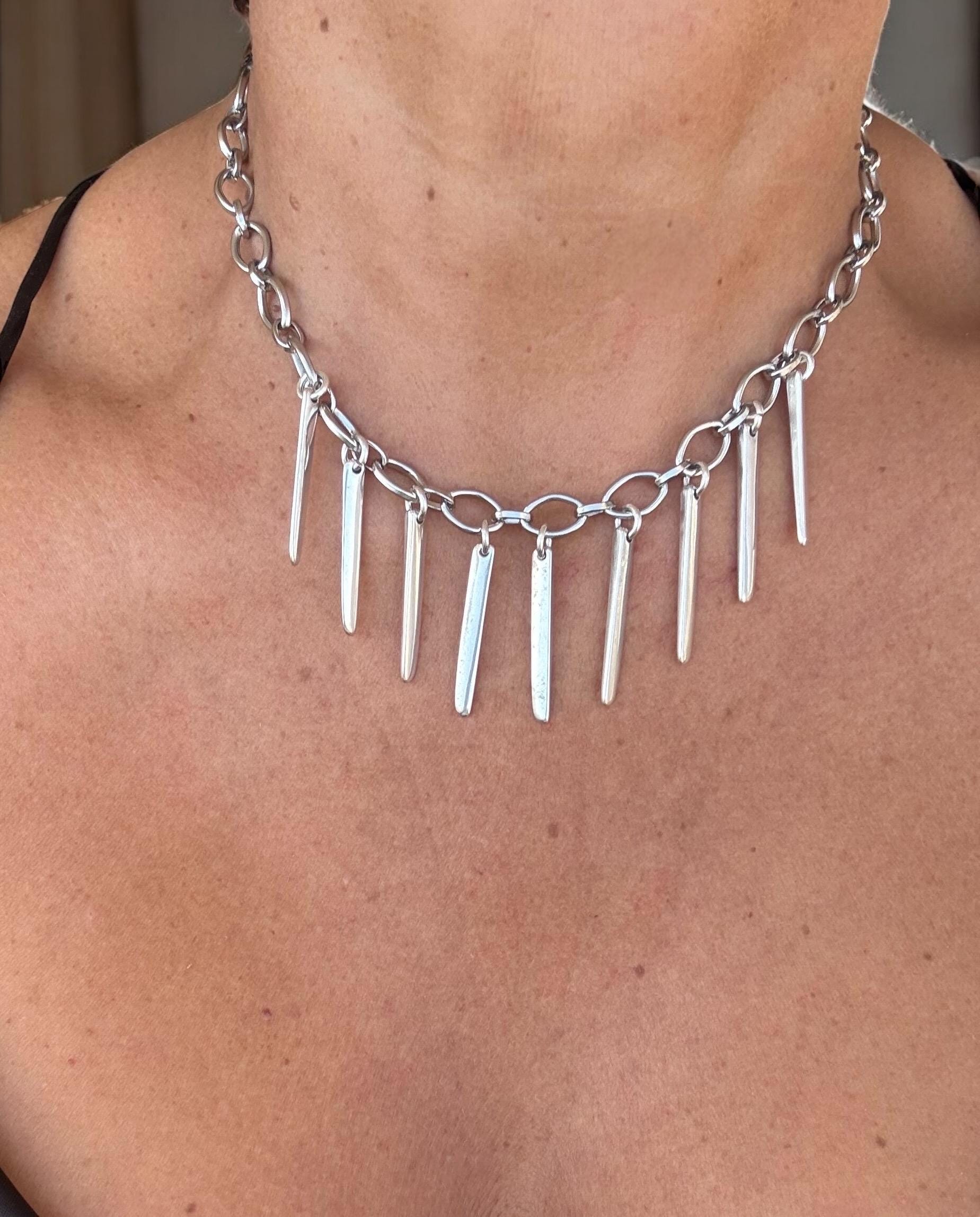 Bold Steel Chain chunky Necklace with Sculptural Silver Spikes – Voluminous Urban Design with Geometric Edge - statement choker - gift
