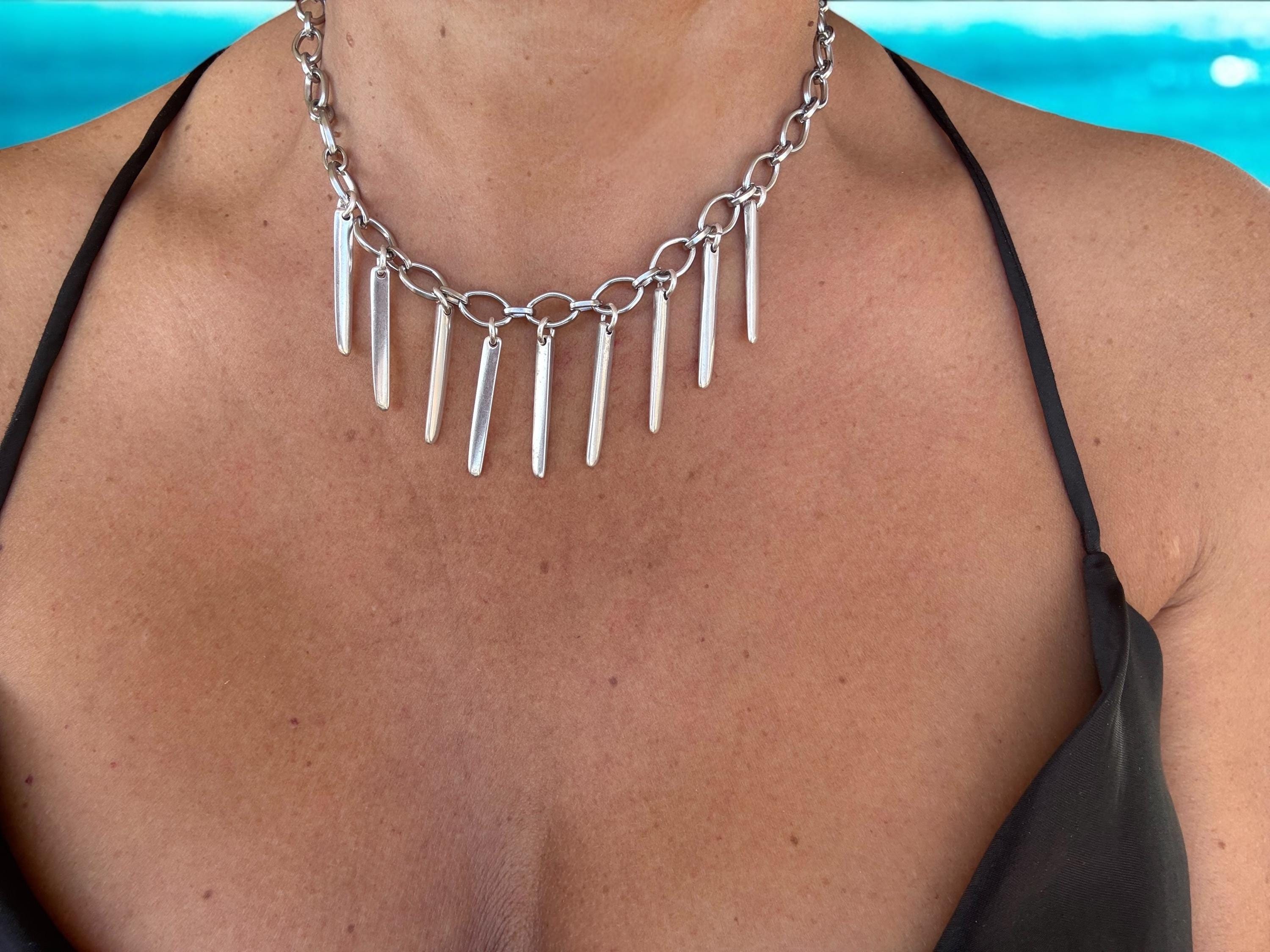 Bold Steel Chain chunky Necklace with Sculptural Silver Spikes – Voluminous Urban Design with Geometric Edge - statement choker - gift