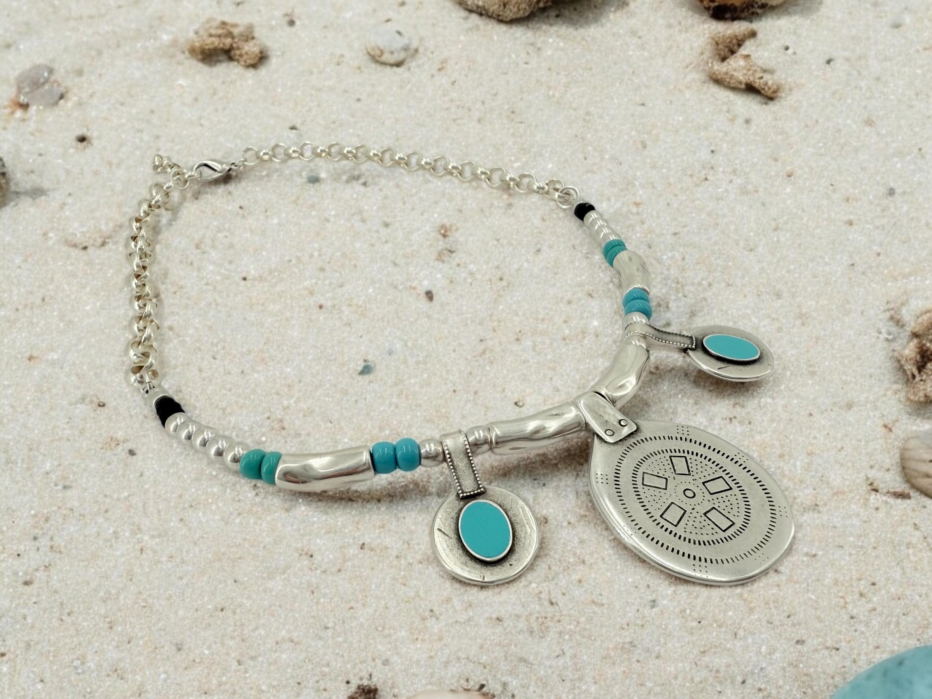 Chunky Silver Tribal Pendant Necklace – Bohemian Summer Jewelry with Turquoise Crystal Beads – Handmade Statement Piece - boho choker