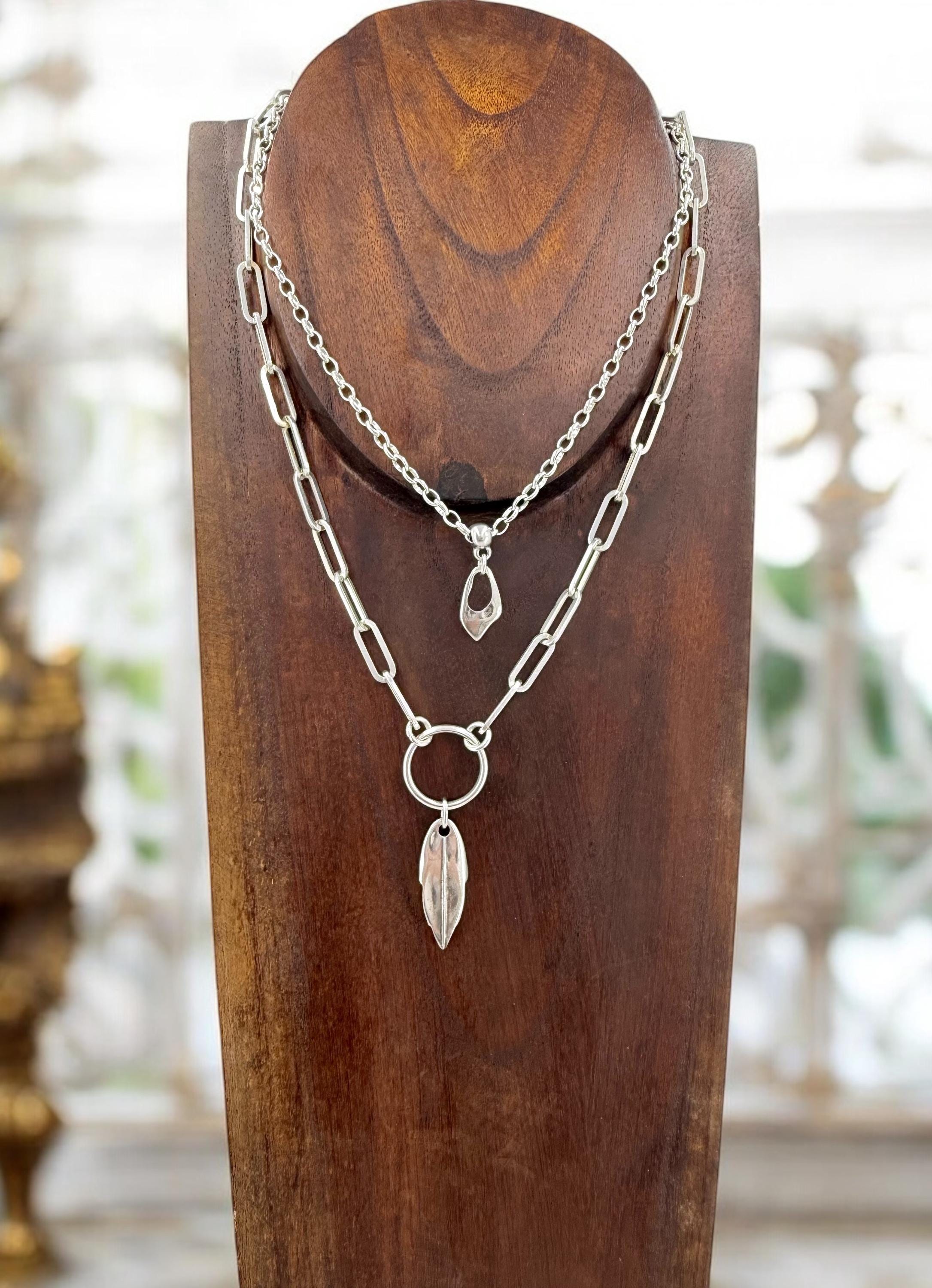 Double-Strand Silver Pendant Necklace – Layered Handmade Jewelry with Mixed Chains & Lobster Clasp –  Exclusive design - layering choker
