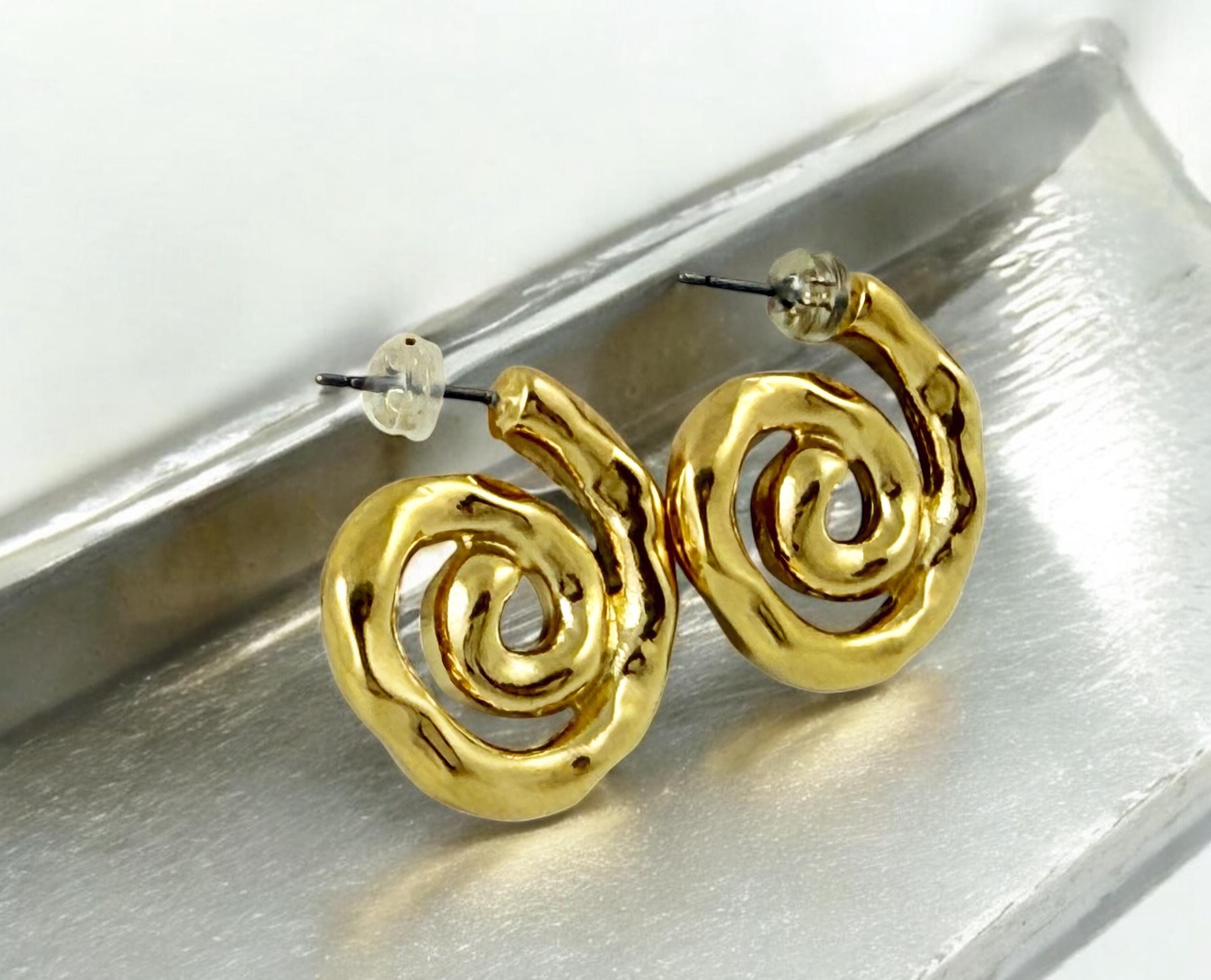 Organic Hammered Golden oversized spiral Earrings – Sculptural Statement Design in 24k Gold – Handmade Gift for Women -gold hoops -