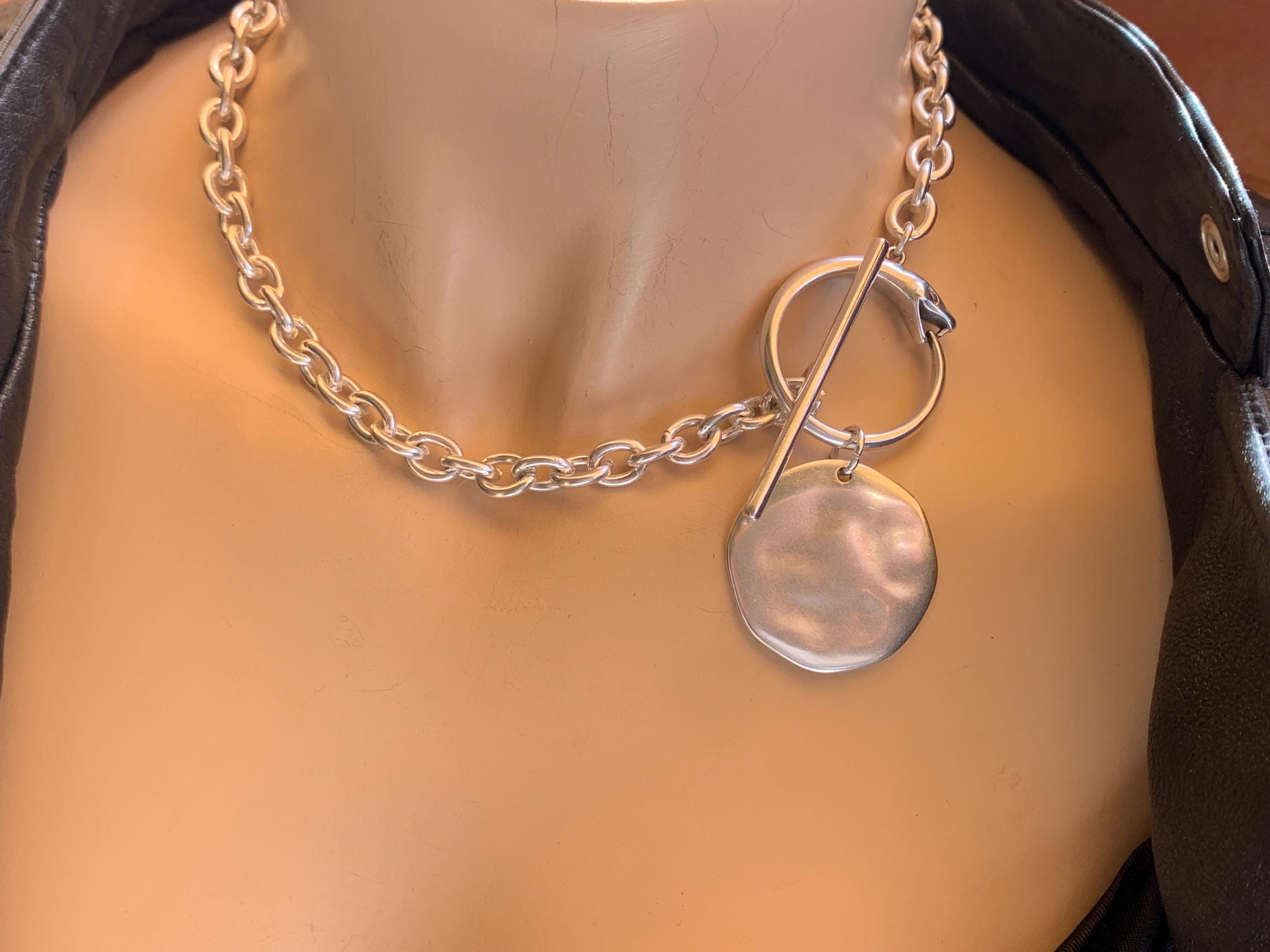Chunky Silver Chain Necklace – Snake Toggle Clasp & Statement Disc Pendant – Bold Custom-Length Jewelry- gift for her- Scultural choker