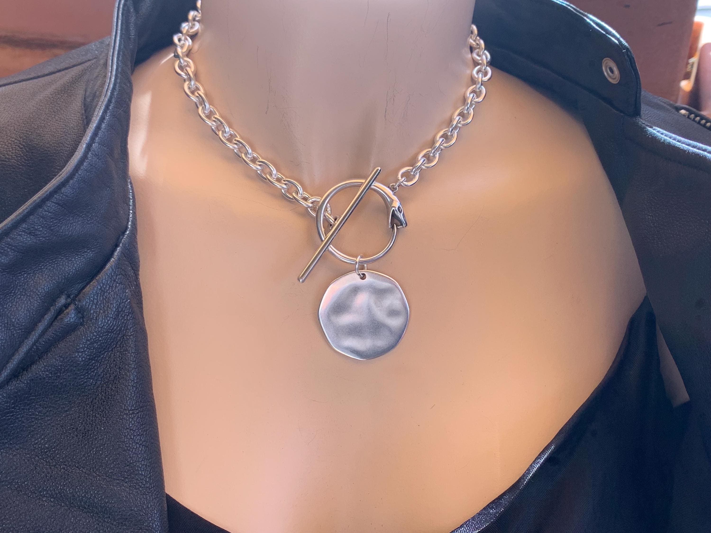 Chunky Silver Chain Necklace – Snake Toggle Clasp & Statement Disc Pendant – Bold Custom-Length Jewelry- gift for her- Scultural choker