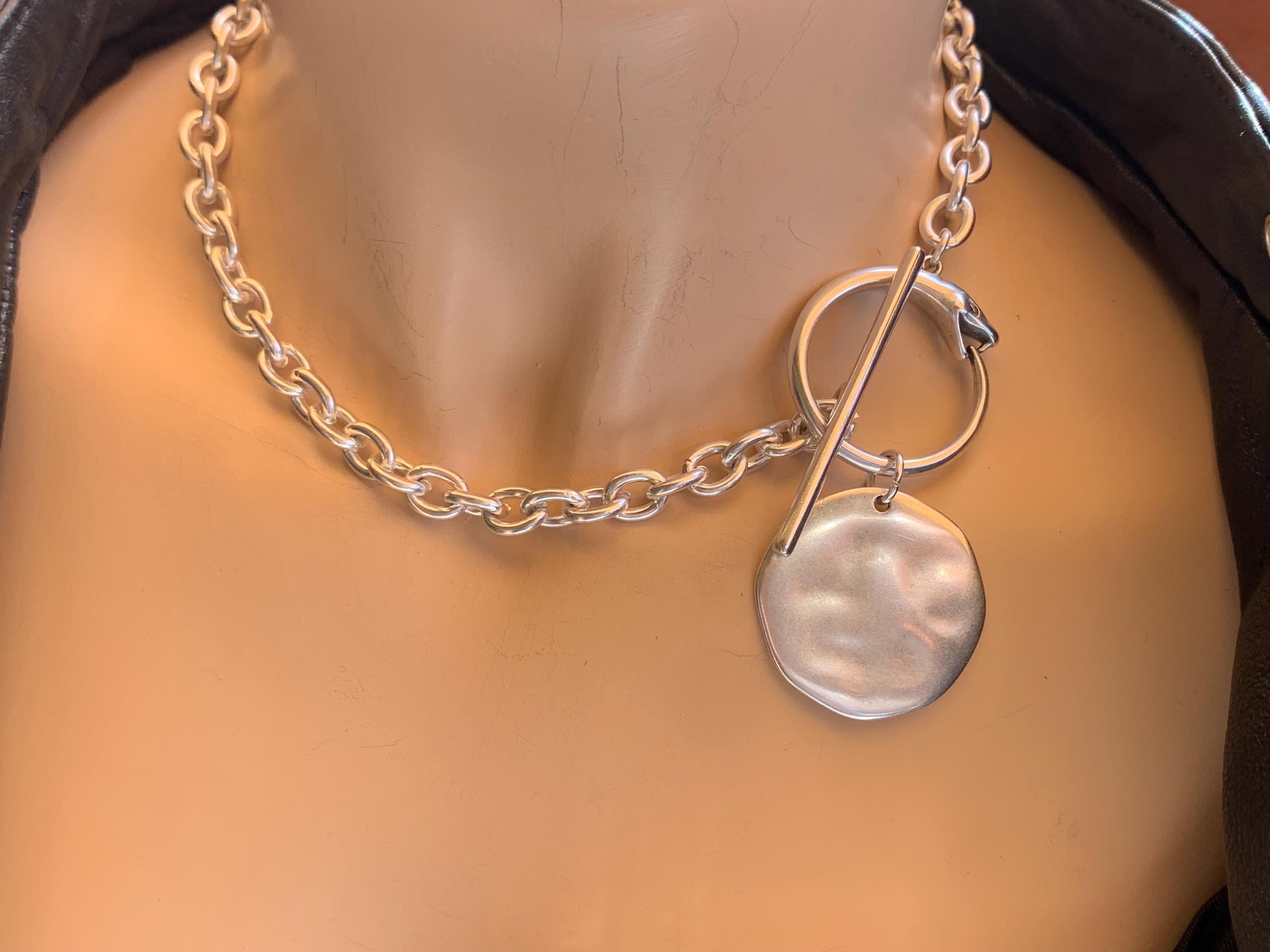 Chunky Silver Chain Necklace – Snake Toggle Clasp & Statement Disc Pendant – Bold Custom-Length Jewelry- gift for her- Scultural choker