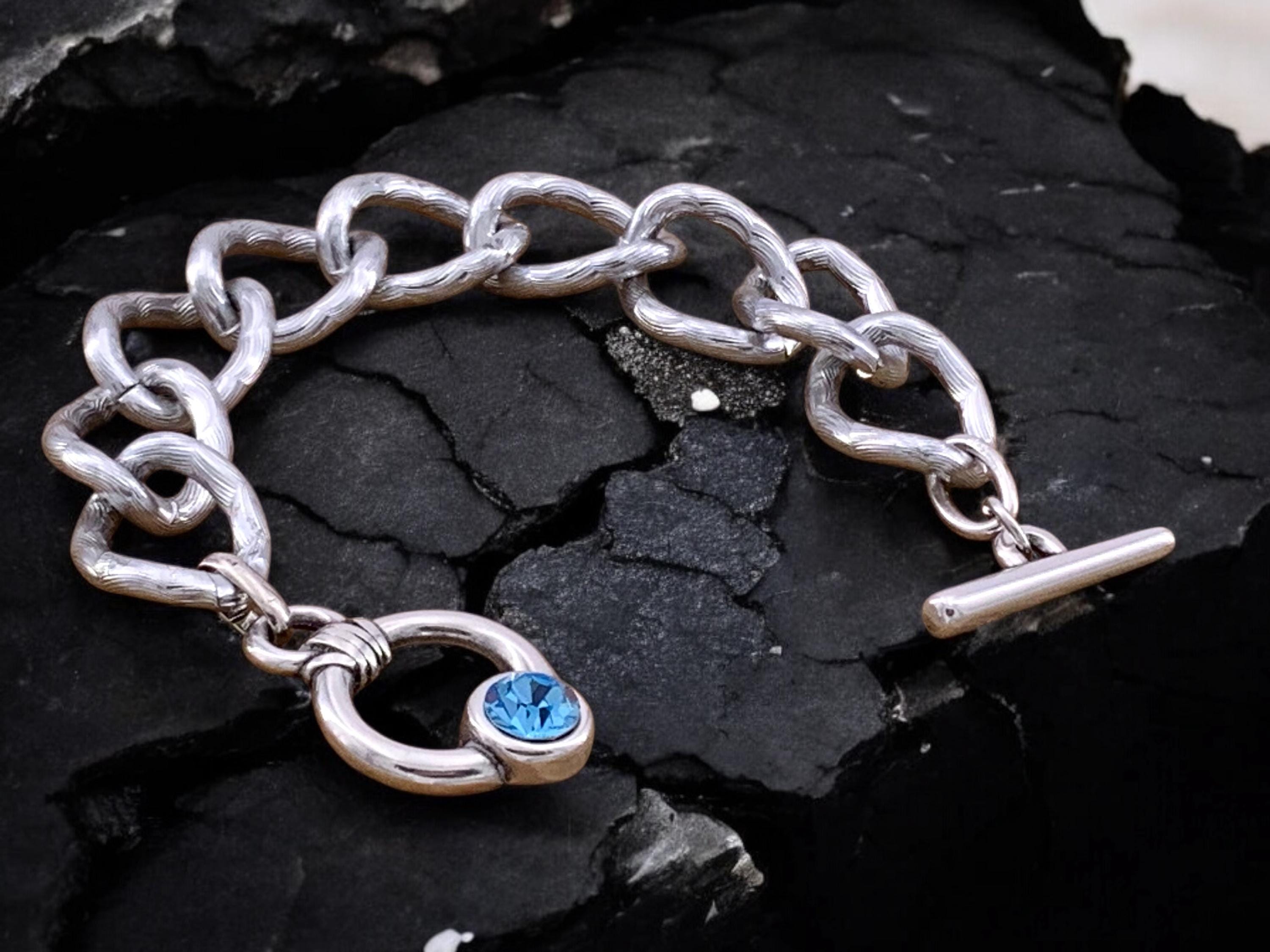 Thick chain silver bracelet, voluminous bracelet, bold chain bracelet, chunky silver toggle bracelet, gif for sister, Swarovski bracelet