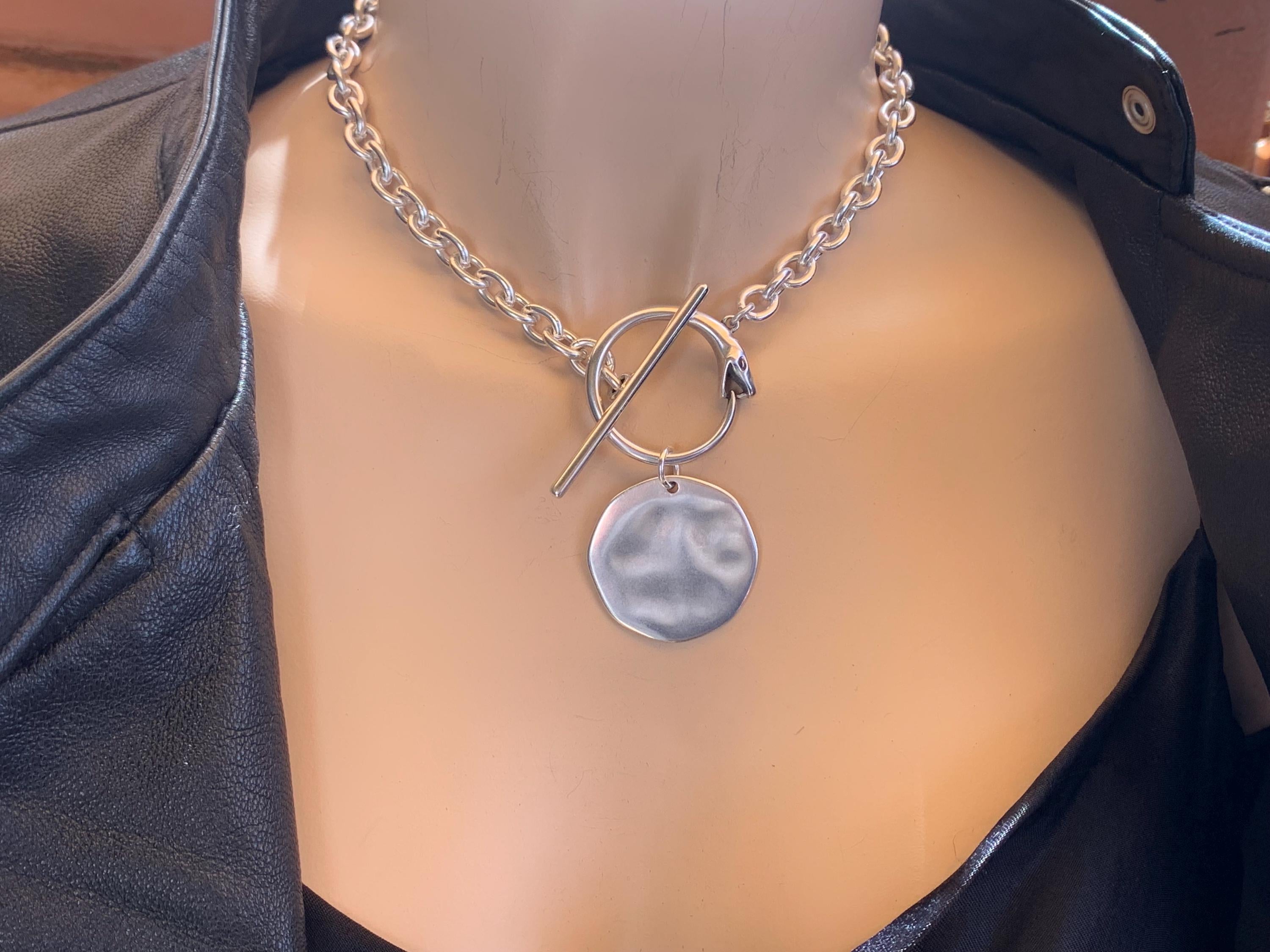 Chunky Silver Chain Necklace – Snake Toggle Clasp & Statement Disc Pendant – Bold Custom-Length Jewelry- gift for her- Scultural choker