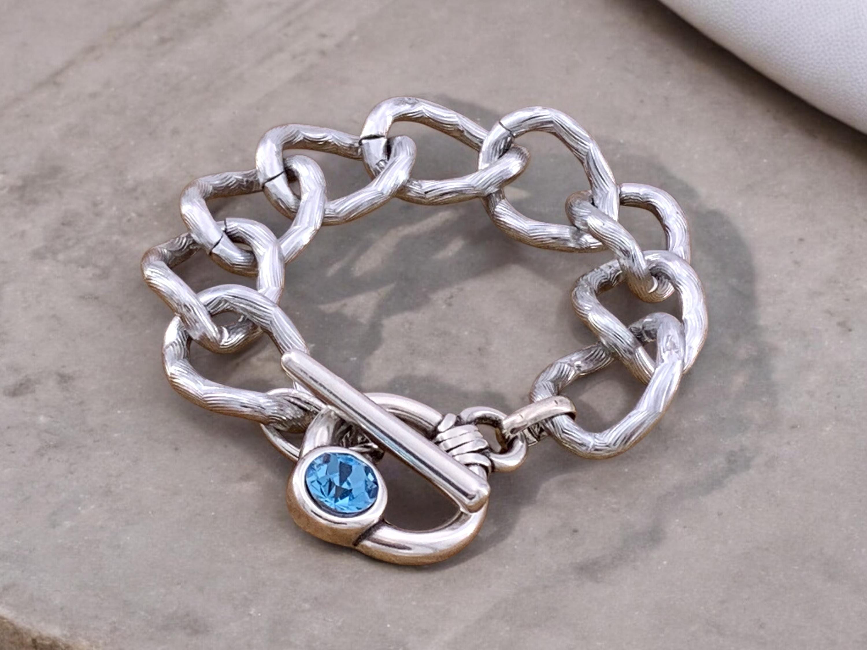 Thick chain silver bracelet, voluminous bracelet, bold chain bracelet, chunky silver toggle bracelet, gif for sister, Swarovski bracelet
