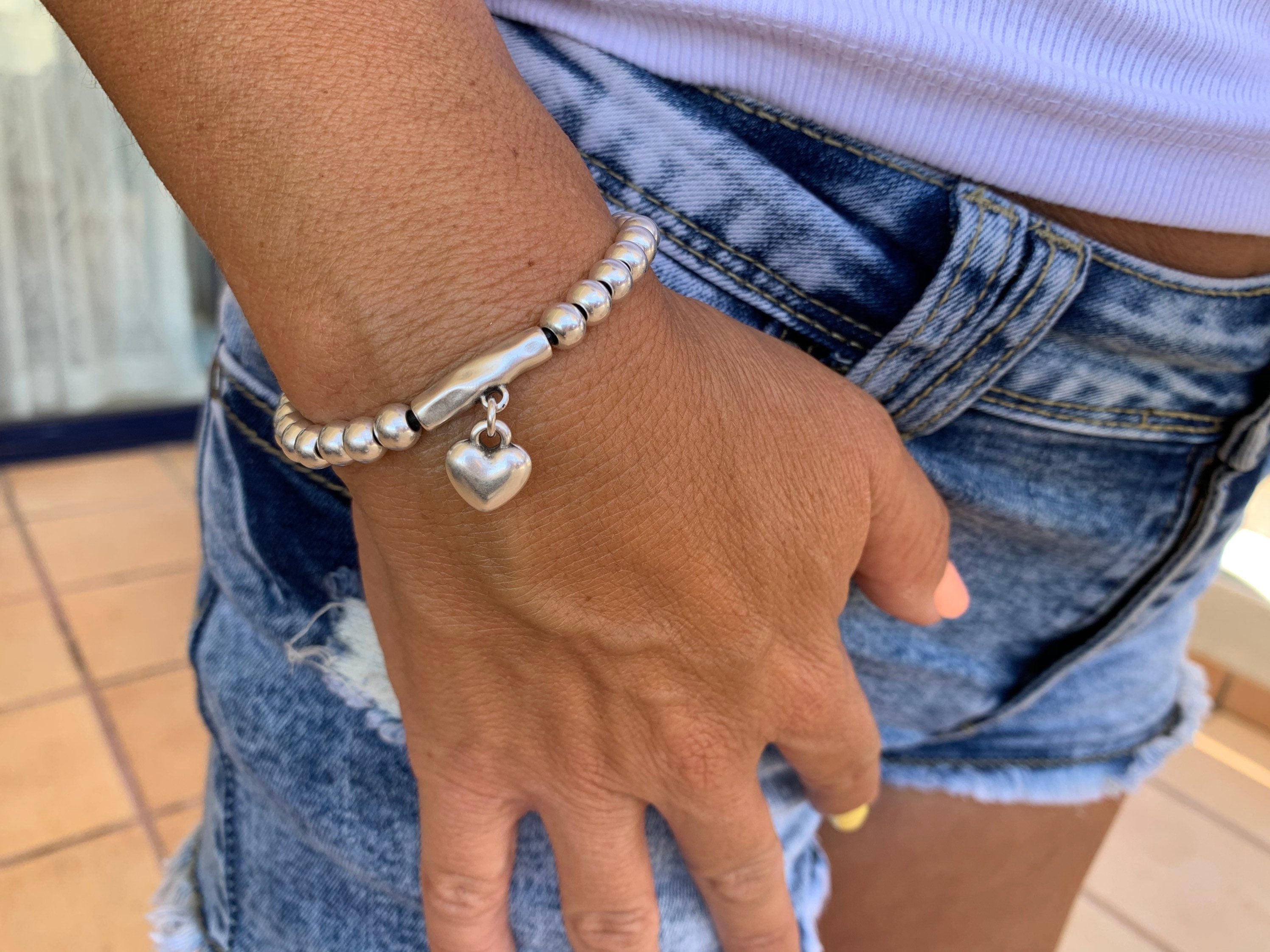 Silver Bracelet with Heart Pendant, Beaded & Leather Ibiza Bohemian Style, Gift for Her