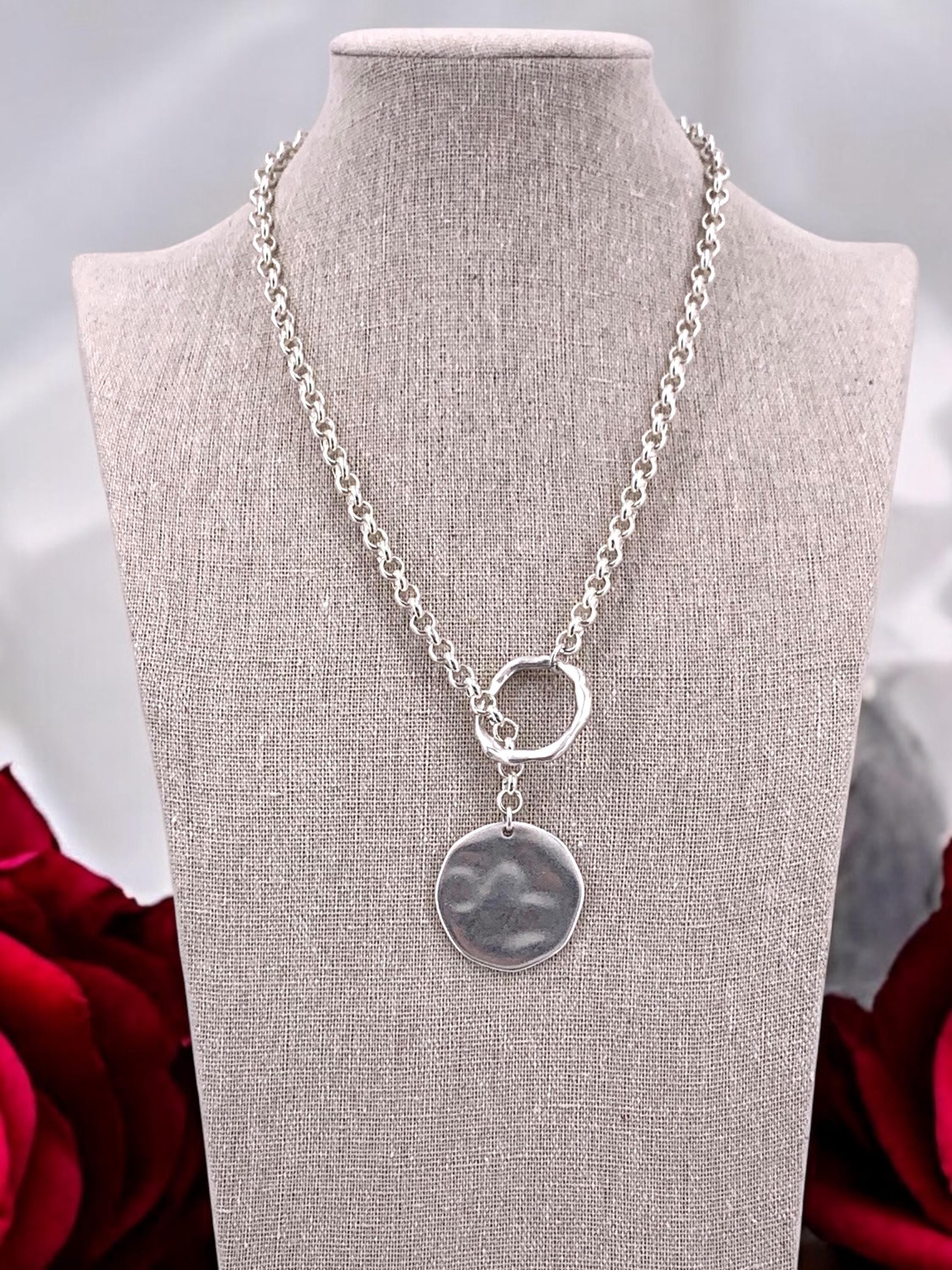 Thick chain lariat necklace, silver lariat necklace, bold chain necklace with disc pendant, dangling disc necklace, uno de 50 style