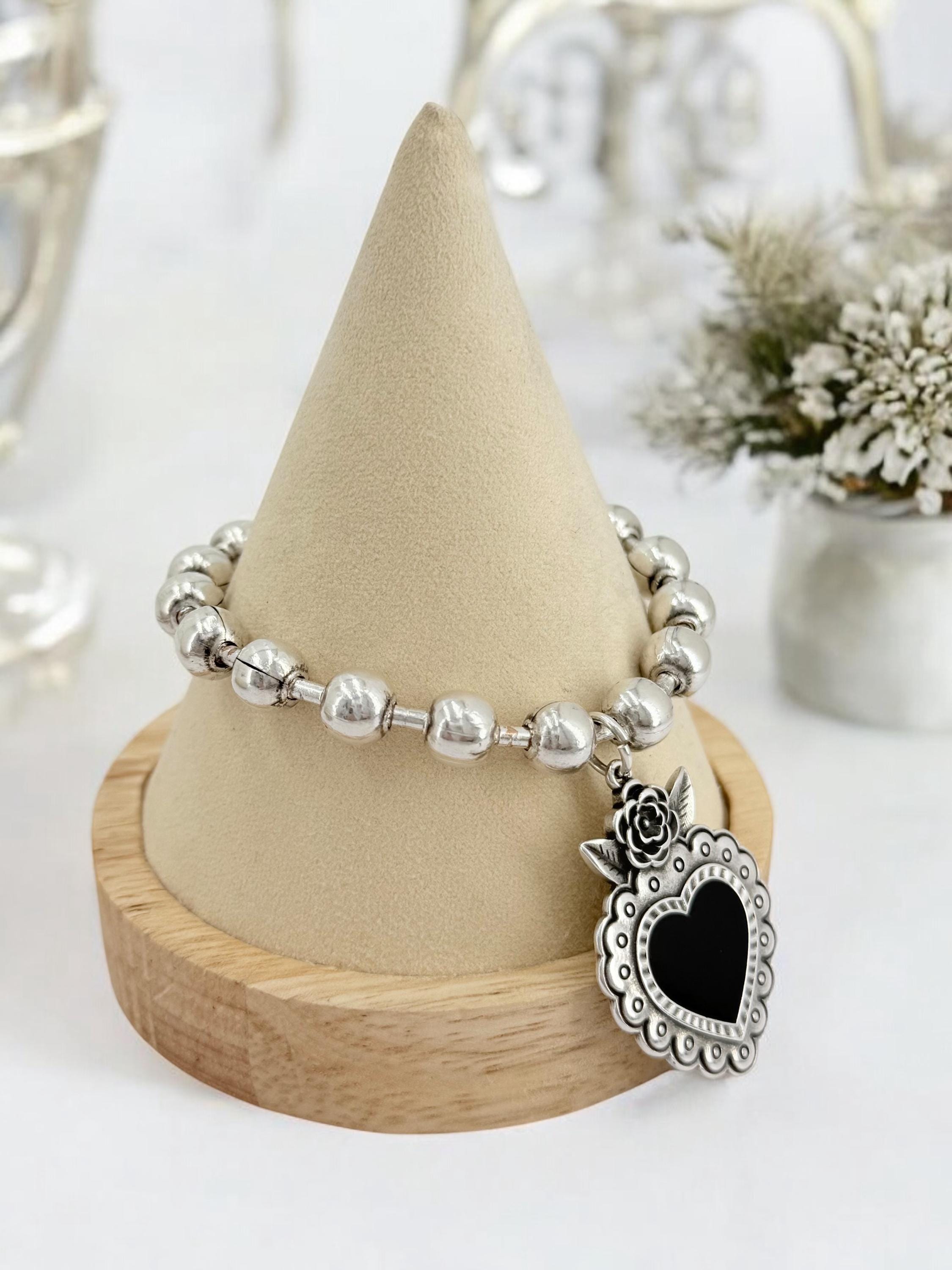 Chunky silver balls chain bracelet with black heart pendant, bold balls chain bracelet, thick chain bracelet, chunky silver bracelet, gift