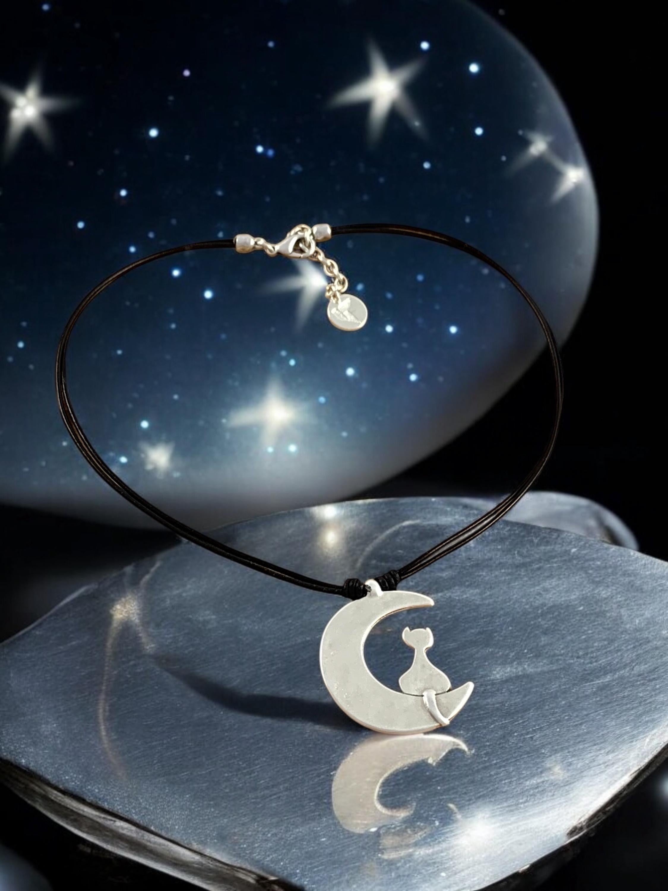 Cat in moon pendant leather necklace, Karen’s necklace, cat lovers necklace, statement pendant necklace, gift for women, silver necklace