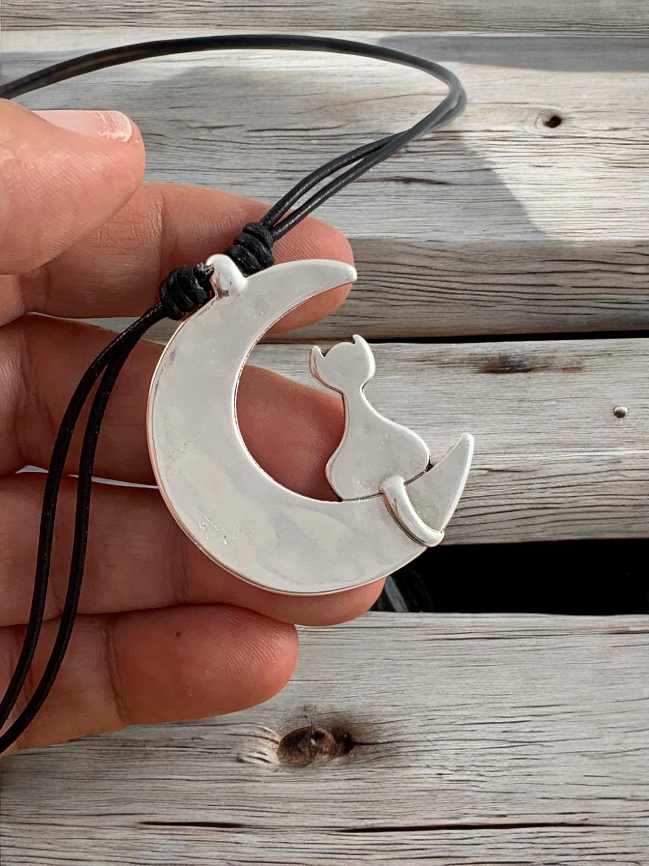 Cat in moon pendant leather necklace, Karen’s necklace, cat lovers necklace, statement pendant necklace, gift for women, silver necklace