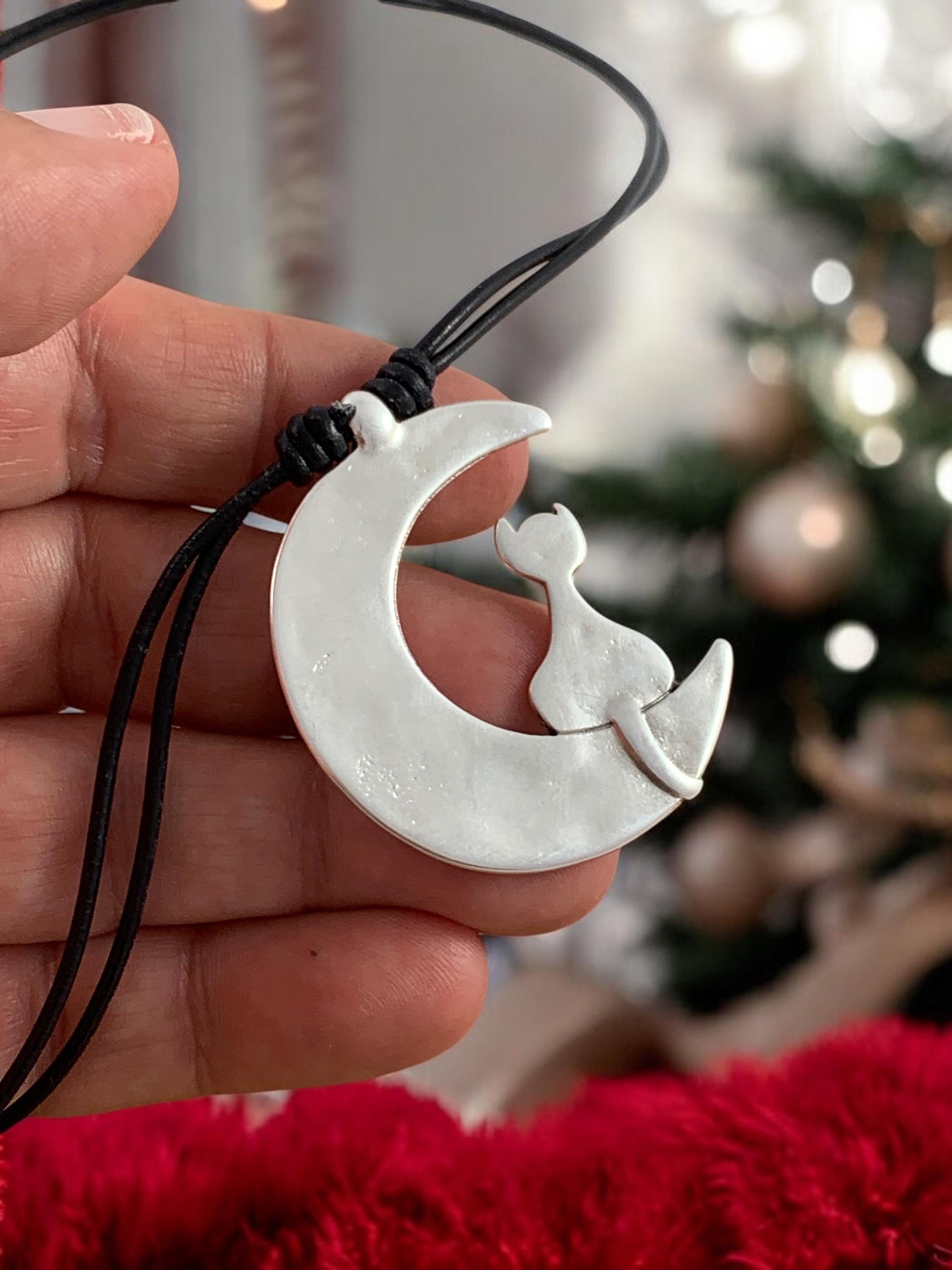 Cat in moon pendant leather necklace, Karen’s necklace, cat lovers necklace, statement pendant necklace, gift for women, silver necklace