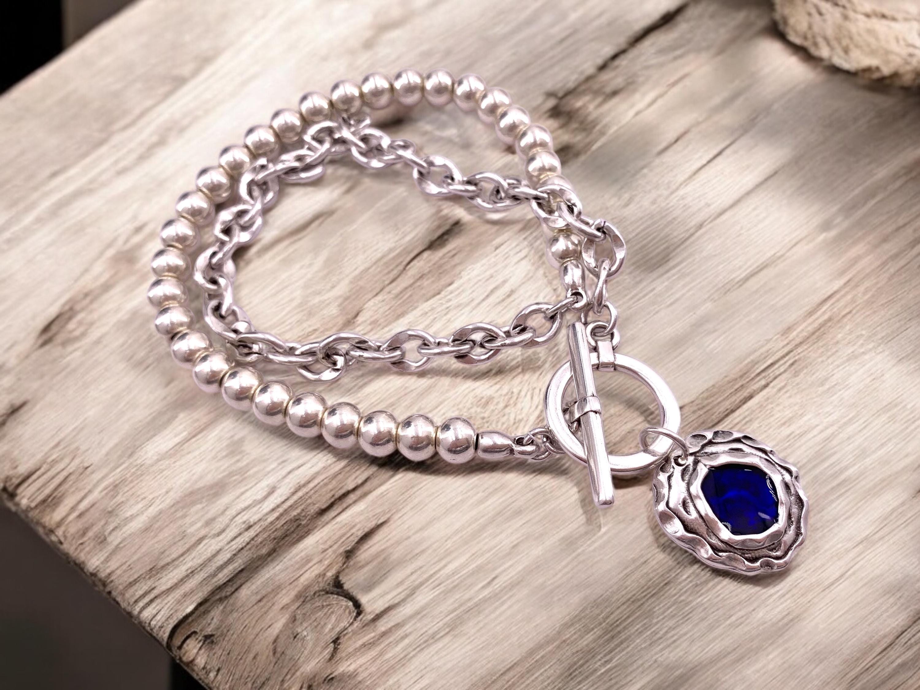 Chunky Silver Chain & Beaded Necklace – Vintage Blue Pendant with Statement Toggle Clasp – Bold Mixed Design Jewelry - exclusive design