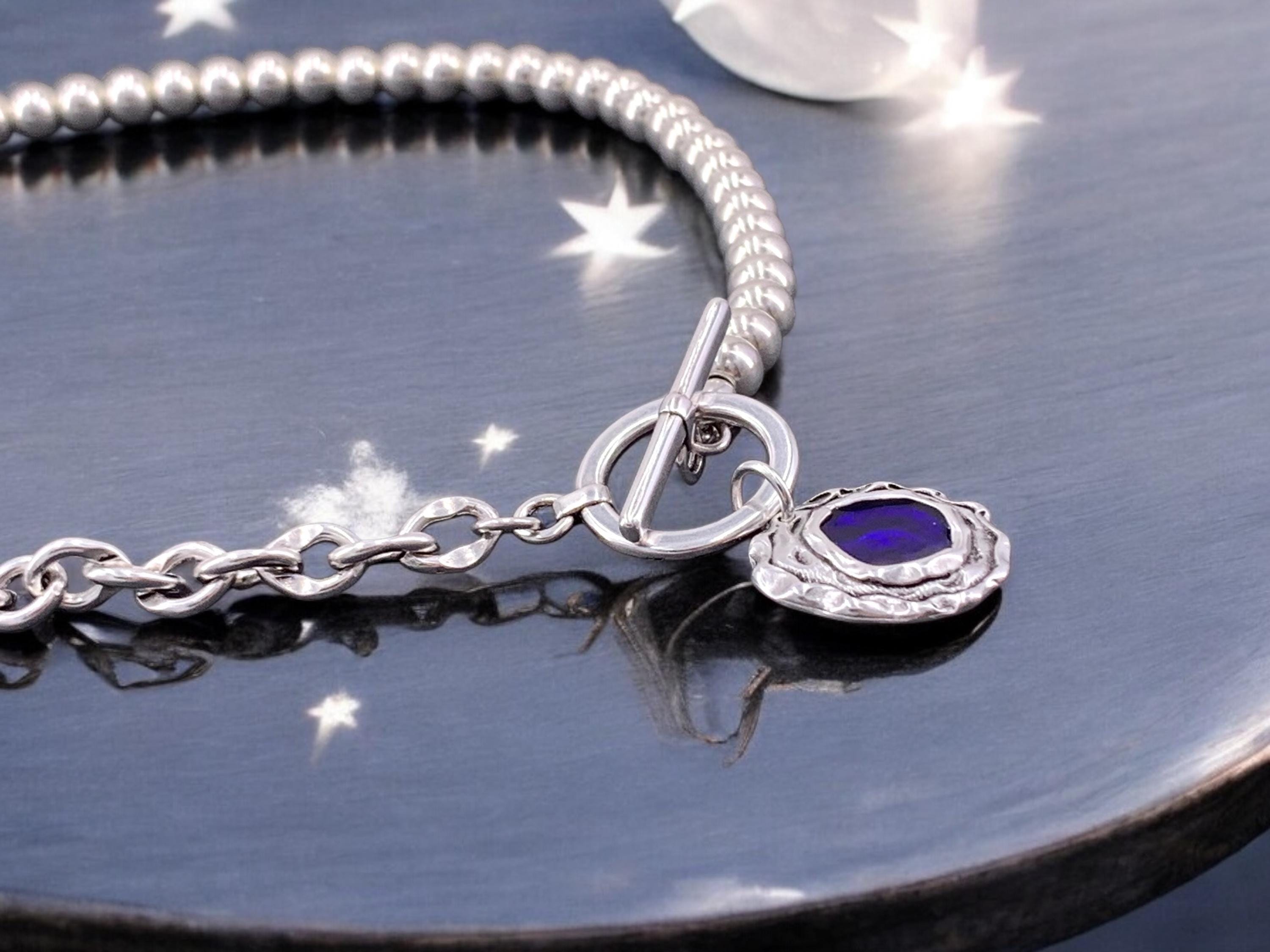 Chunky Silver Chain & Beaded Necklace – Vintage Blue Pendant with Statement Toggle Clasp – Bold Mixed Design Jewelry - exclusive design