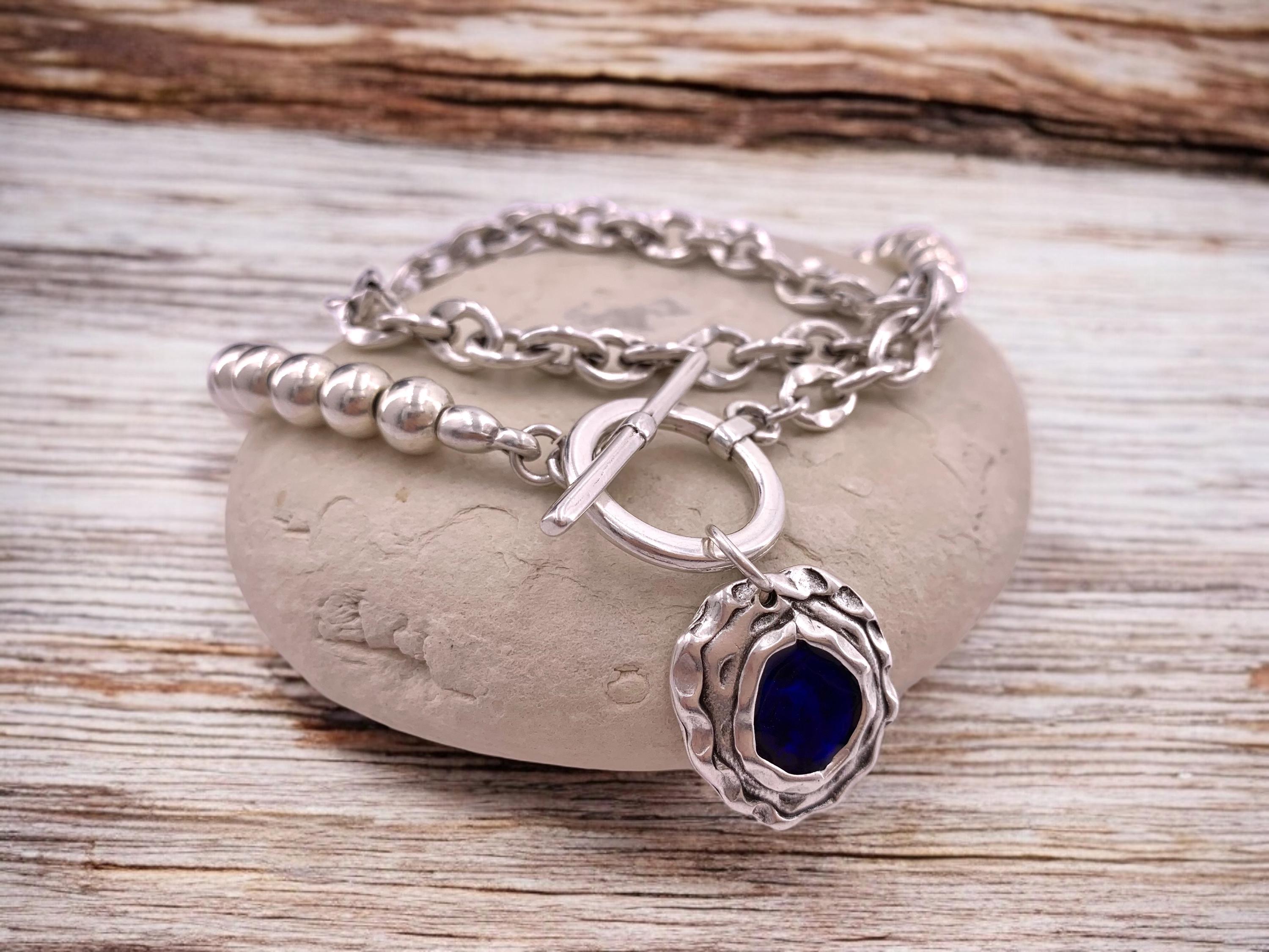 Chunky Silver Chain & Beaded Necklace – Vintage Blue Pendant with Statement Toggle Clasp – Bold Mixed Design Jewelry - exclusive design