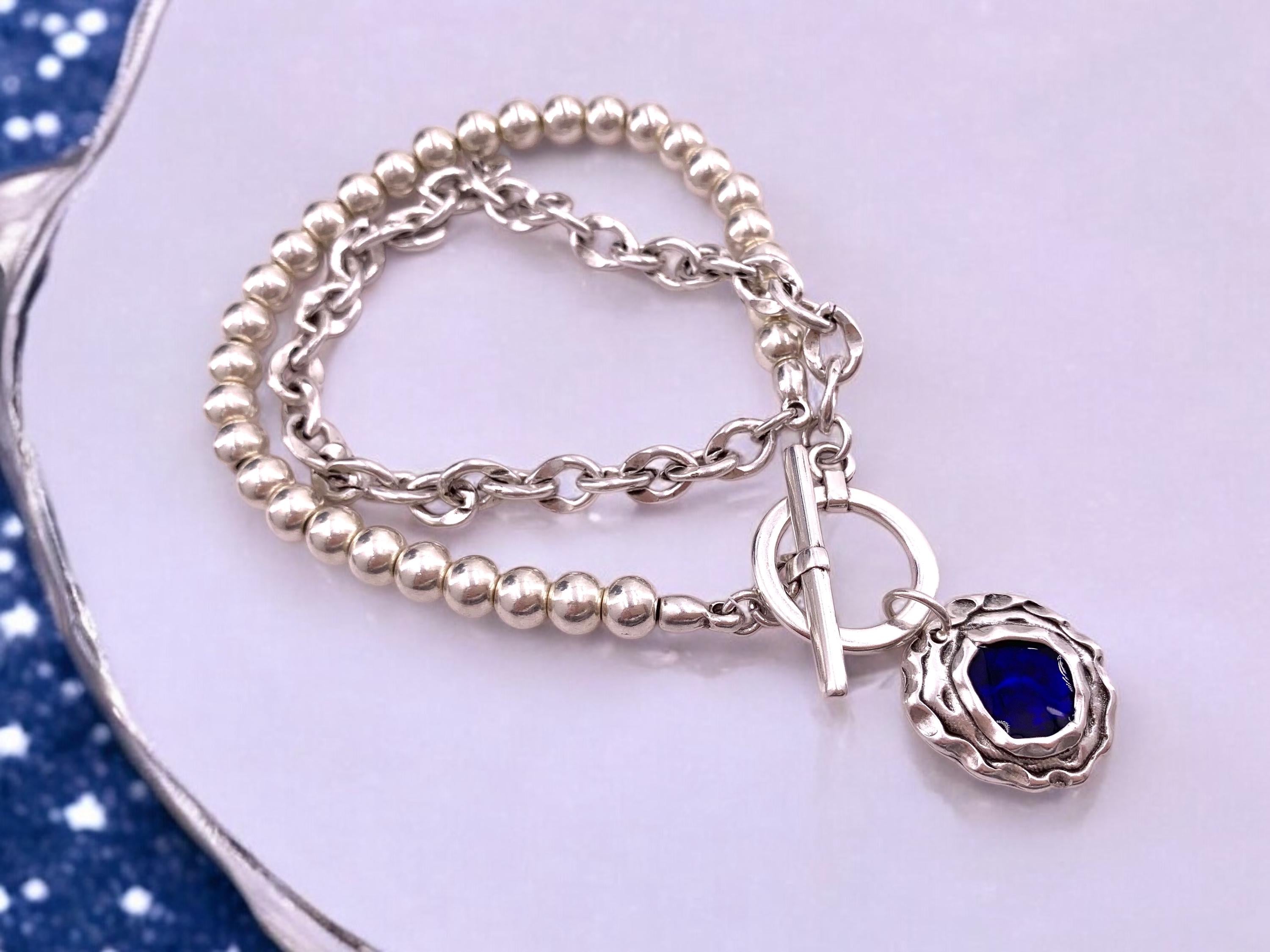 Chunky Silver Chain & Beaded Necklace – Vintage Blue Pendant with Statement Toggle Clasp – Bold Mixed Design Jewelry - exclusive design