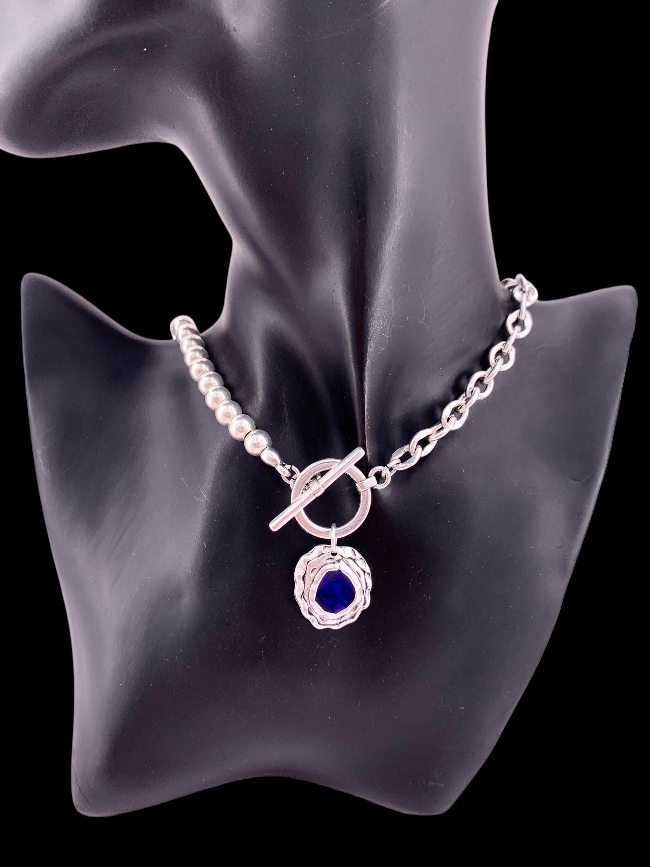 Chunky Silver Chain & Beaded Necklace – Vintage Blue Pendant with Statement Toggle Clasp – Bold Mixed Design Jewelry - exclusive design