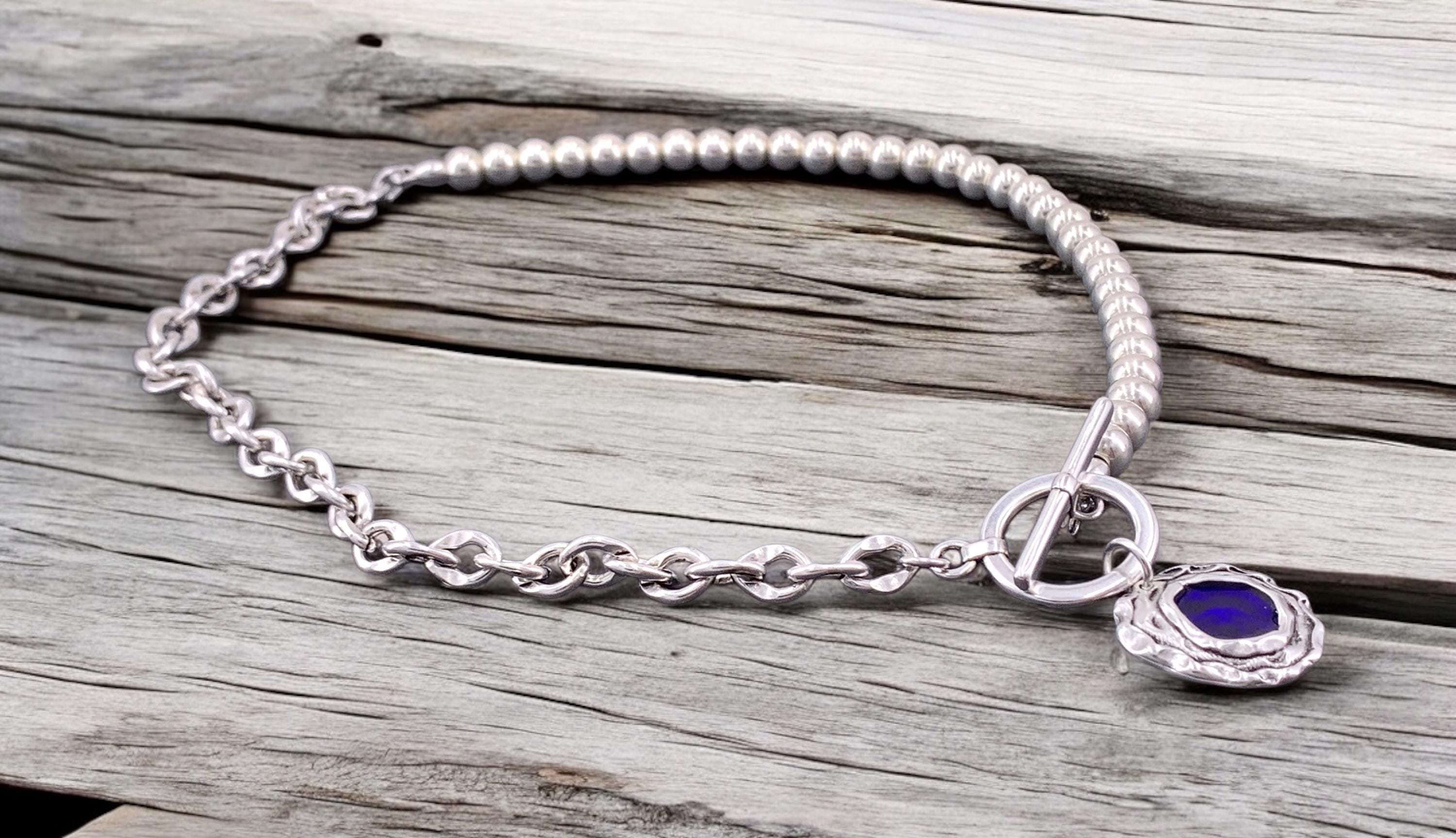 Chunky Silver Chain & Beaded Necklace – Vintage Blue Pendant with Statement Toggle Clasp – Bold Mixed Design Jewelry - exclusive design