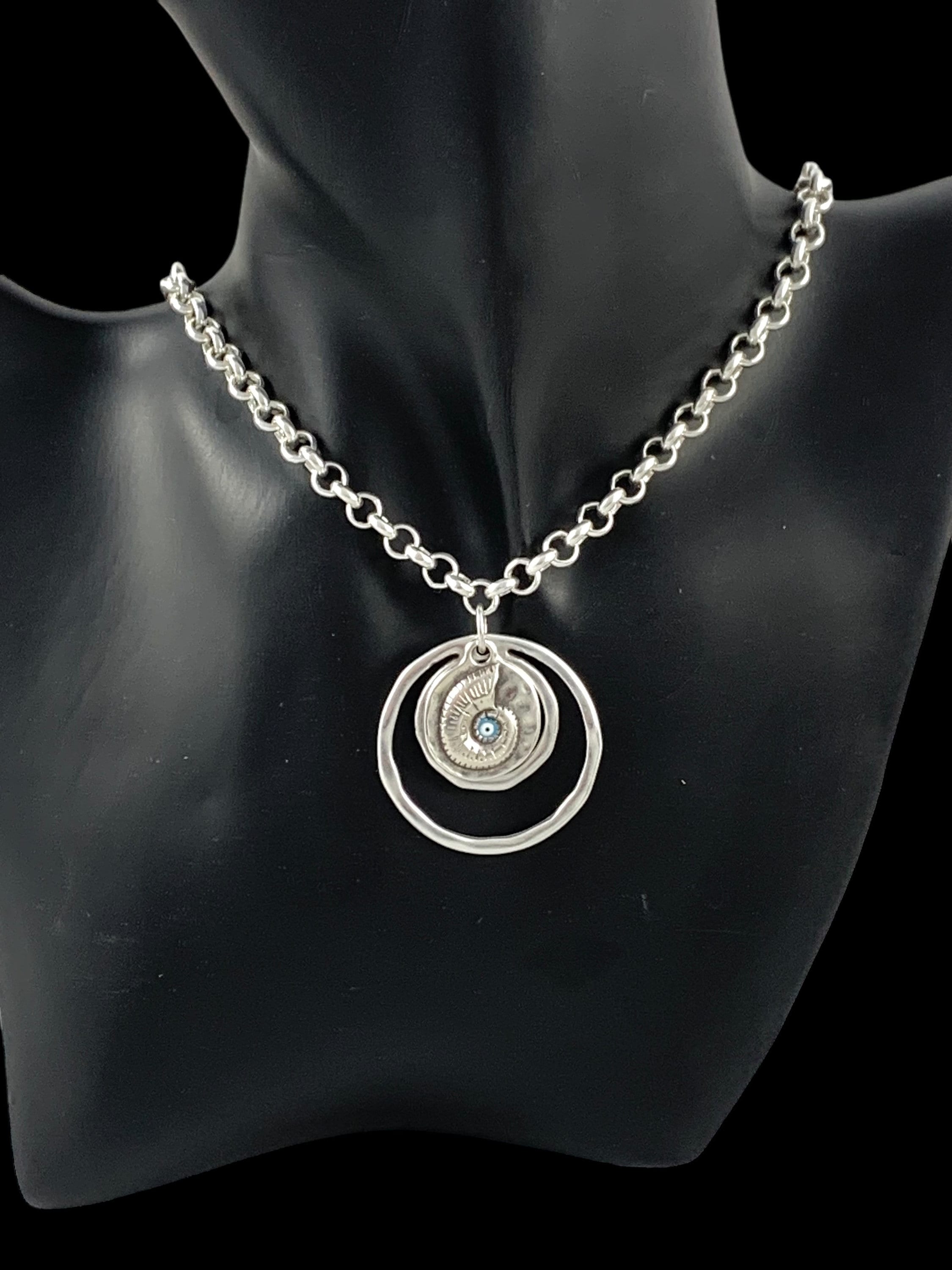 chunky silver rolo chain necklace with statement shell and circles pendant, bold chain necklace, unique birthday present for women,