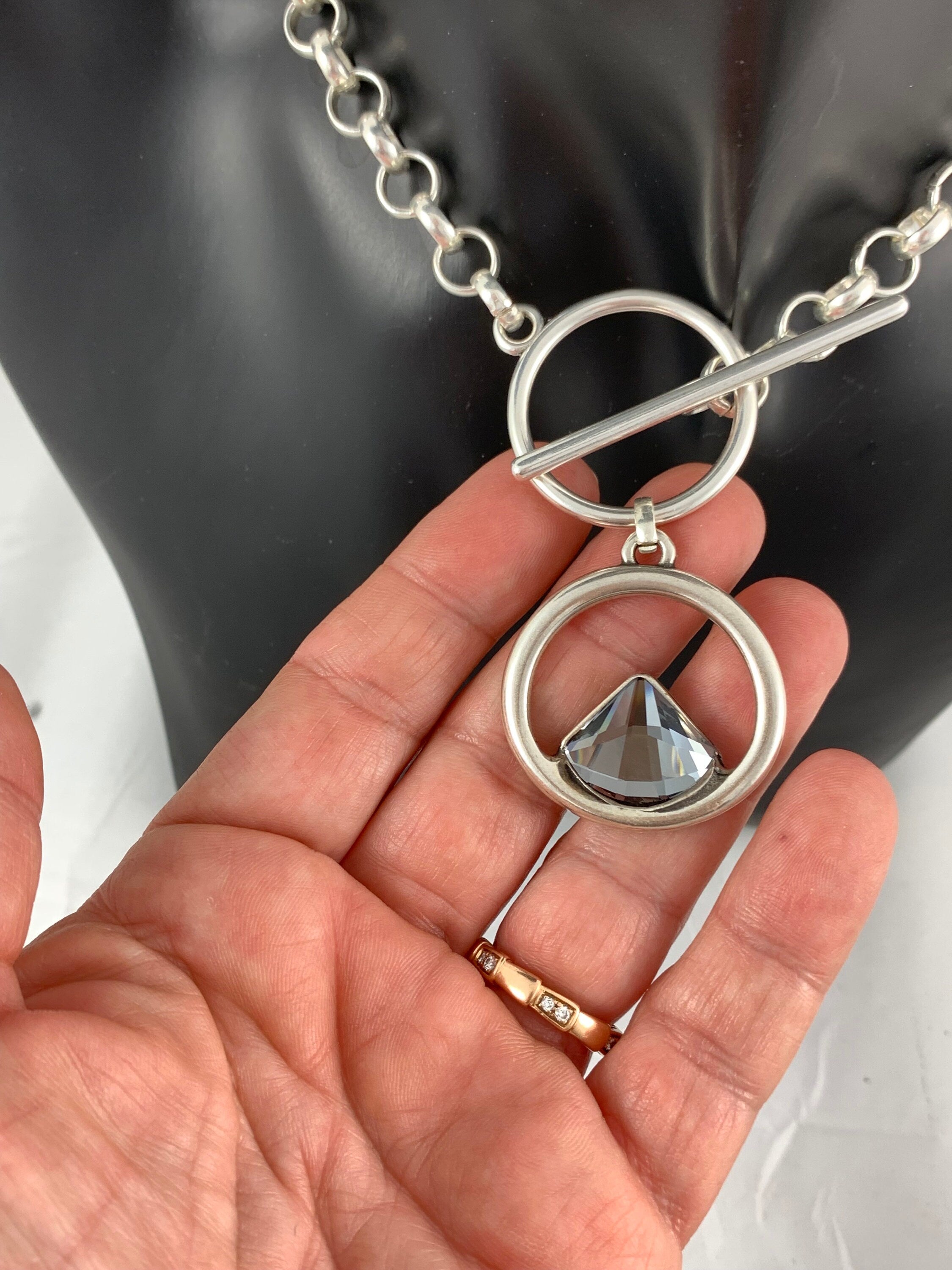 Swarovski statement pendant chunky silver chain toggle necklace, sisters gift, girlfriend unique birthday present,
