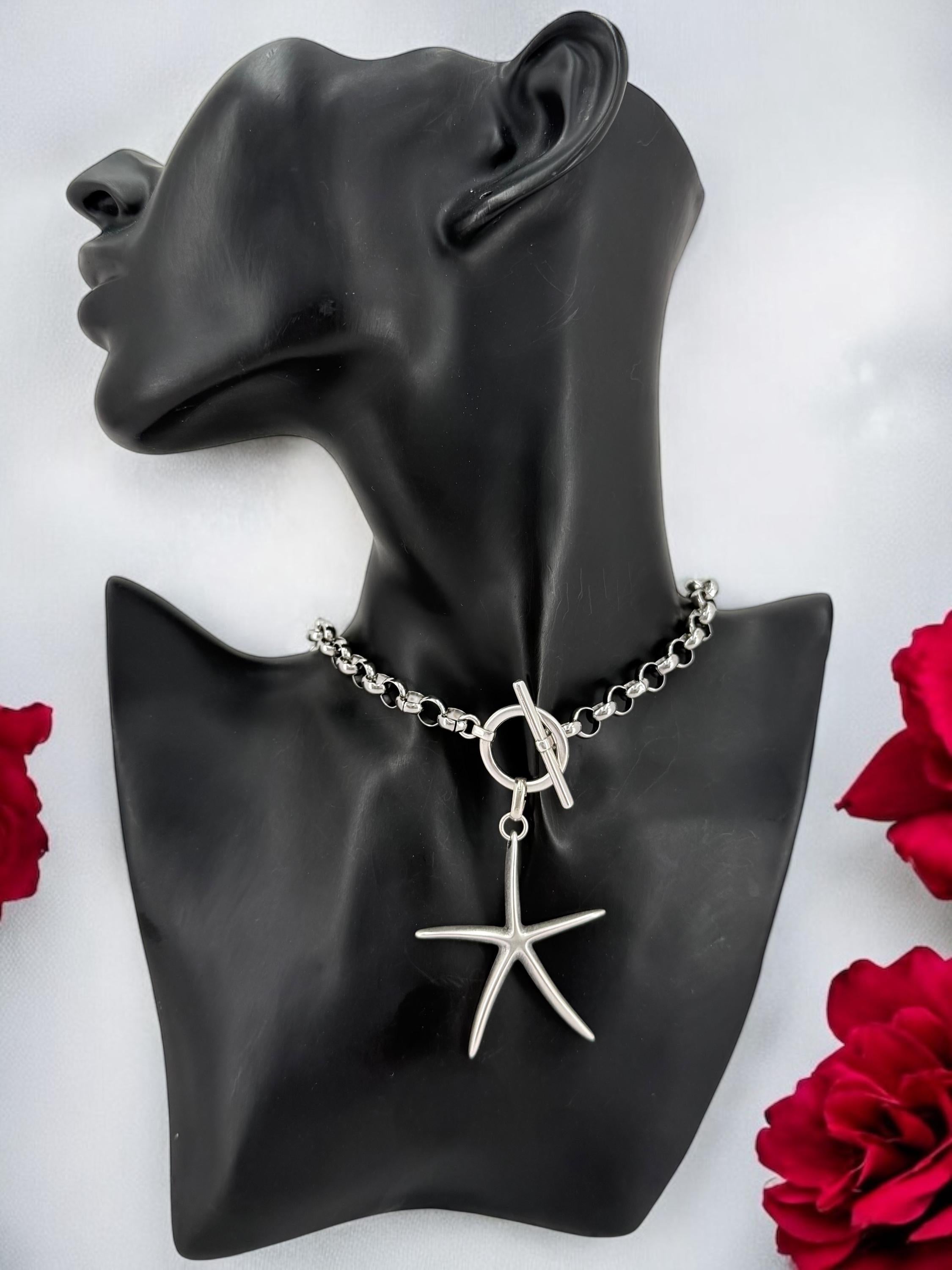 Rolo Chain silver Necklace with Large Starfish Pendant – Adjustable Length – Handmade – Toggle Clasp – Coastal statement jewelry for women