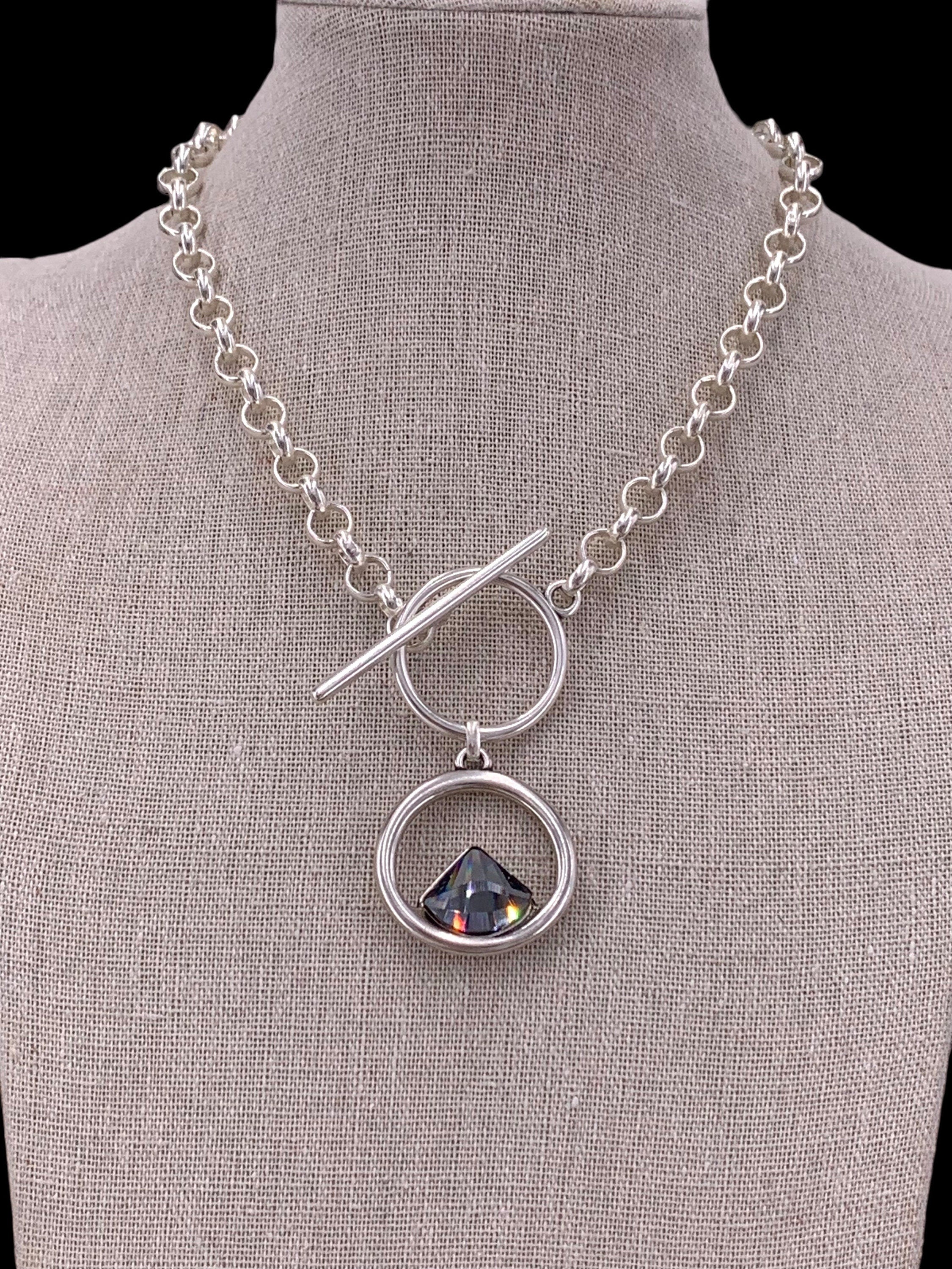 Swarovski statement pendant chunky silver chain toggle necklace, sisters gift, girlfriend unique birthday present,
