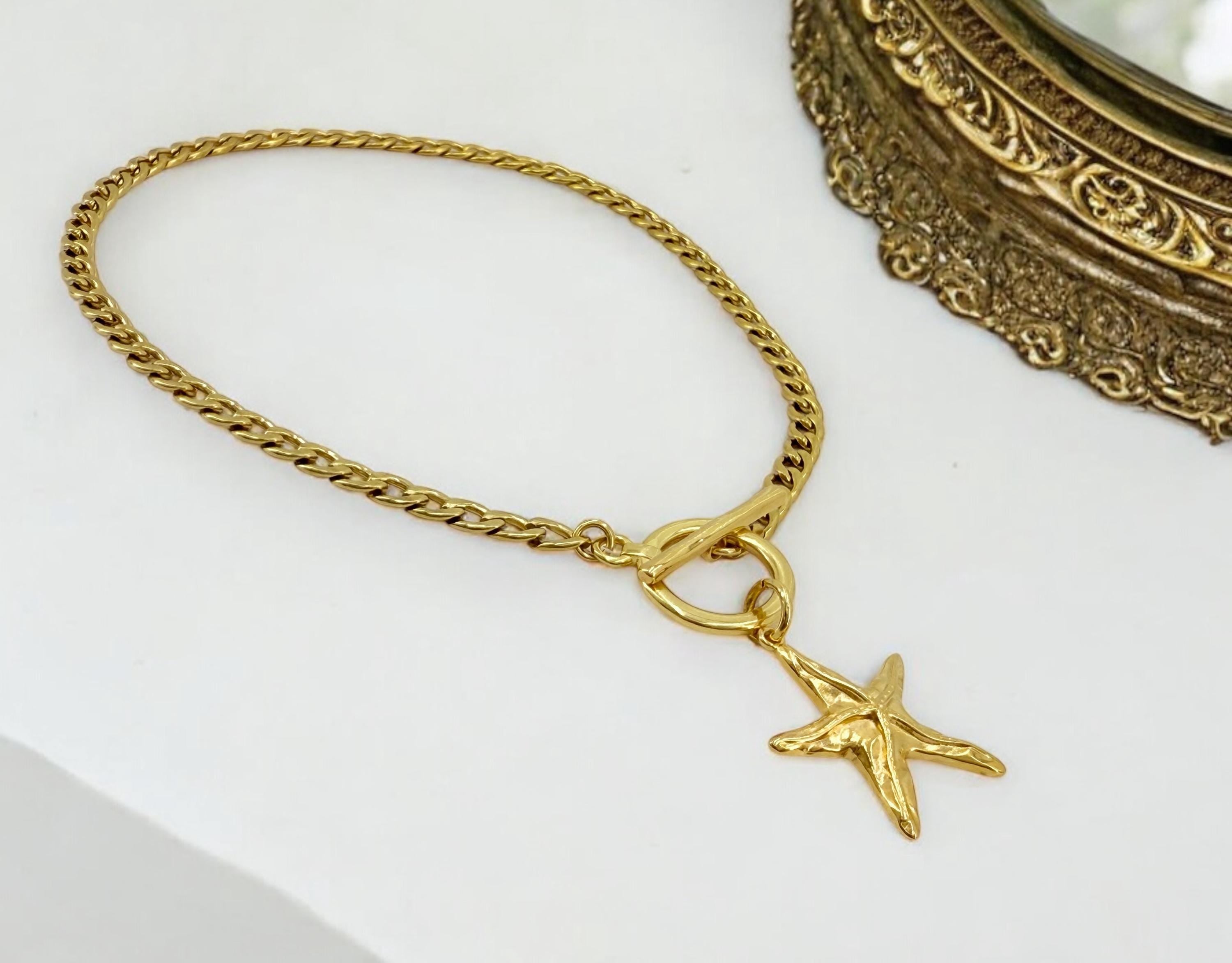 Sculptural Gold Starfish Choker – Cuban Stainless Steel Chain with 24k Gold-Plated Toggle Clasp – Handmade Coastal Statement Necklace