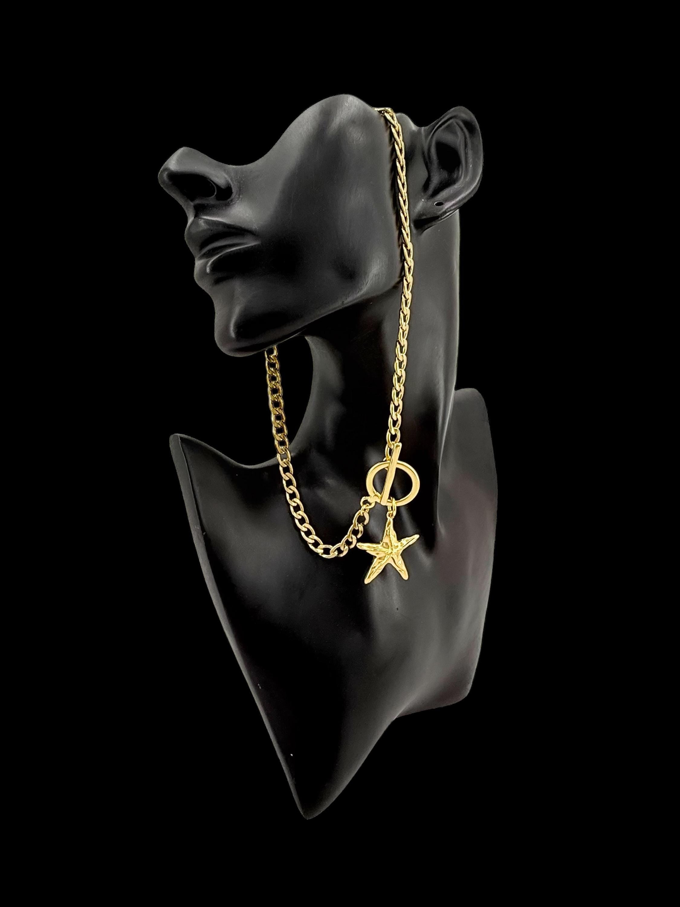 Sculptural Gold Starfish Choker – Cuban Stainless Steel Chain with 24k Gold-Plated Toggle Clasp – Handmade Coastal Statement Necklace