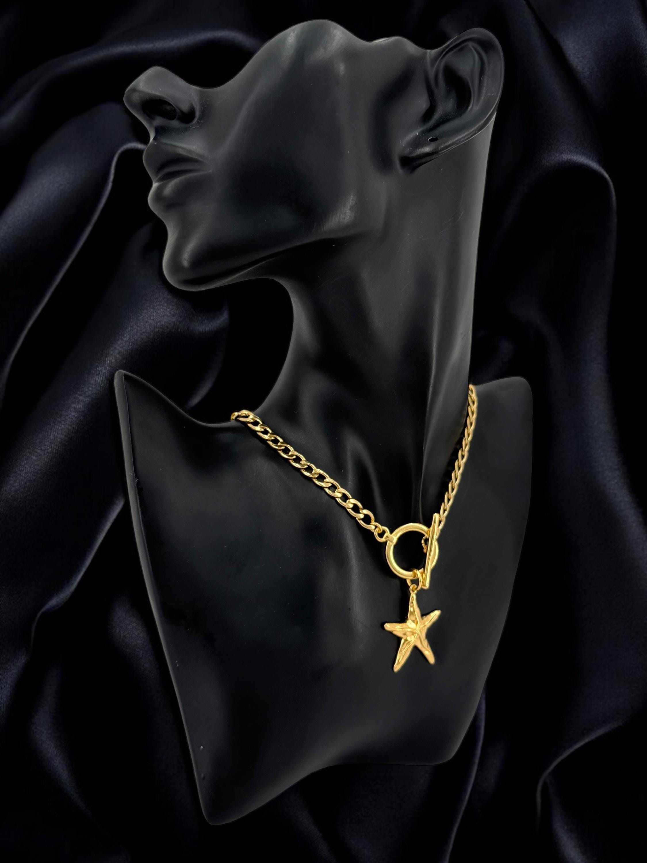 Sculptural Gold Starfish Choker – Cuban Stainless Steel Chain with 24k Gold-Plated Toggle Clasp – Handmade Coastal Statement Necklace