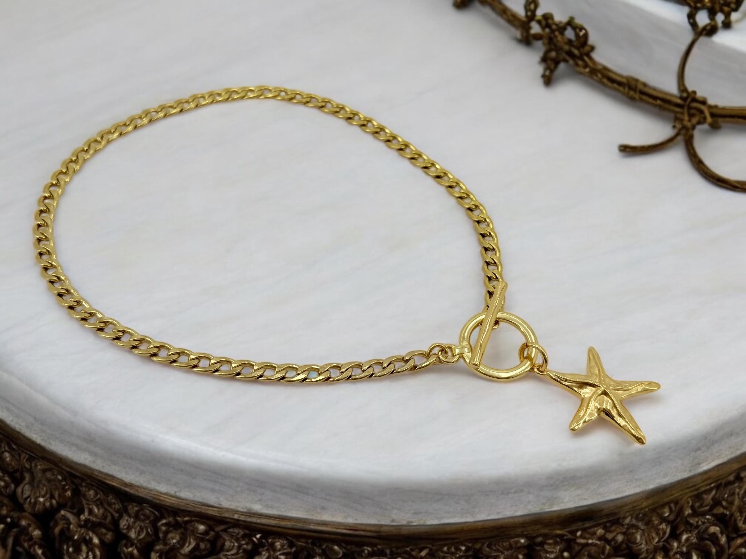 Sculptural Gold Starfish Choker – Cuban Stainless Steel Chain with 24k Gold-Plated Toggle Clasp – Handmade Coastal Statement Necklace