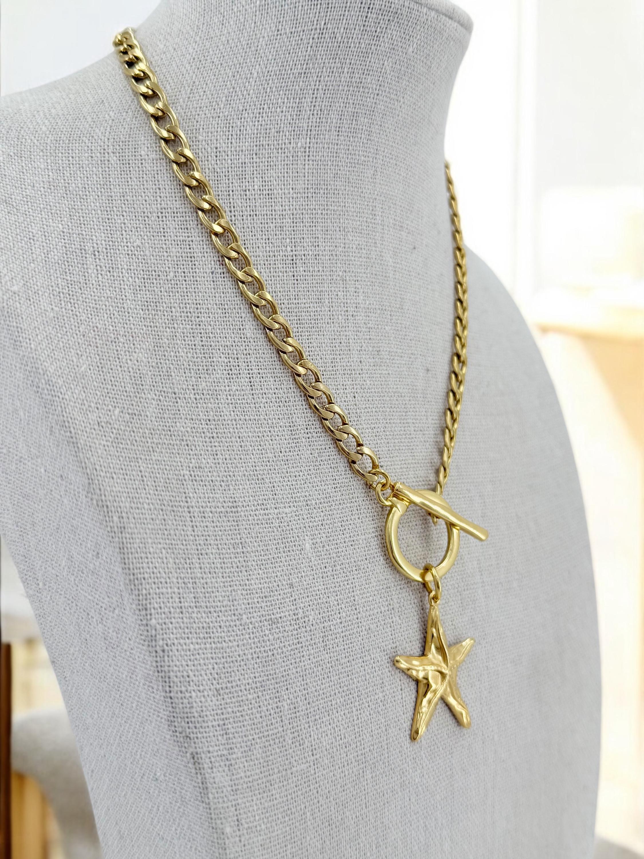 Sculptural Gold Starfish Choker – Cuban Stainless Steel Chain with 24k Gold-Plated Toggle Clasp – Handmade Coastal Statement Necklace