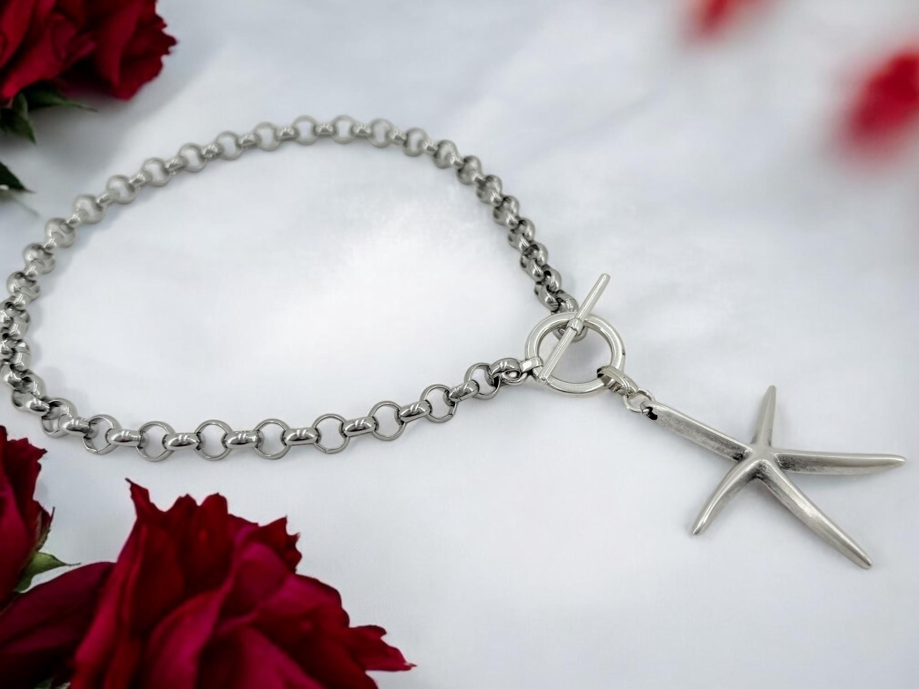 Rolo Chain silver Necklace with Large Starfish Pendant – Adjustable Length – Handmade – Toggle Clasp – Coastal statement jewelry for women