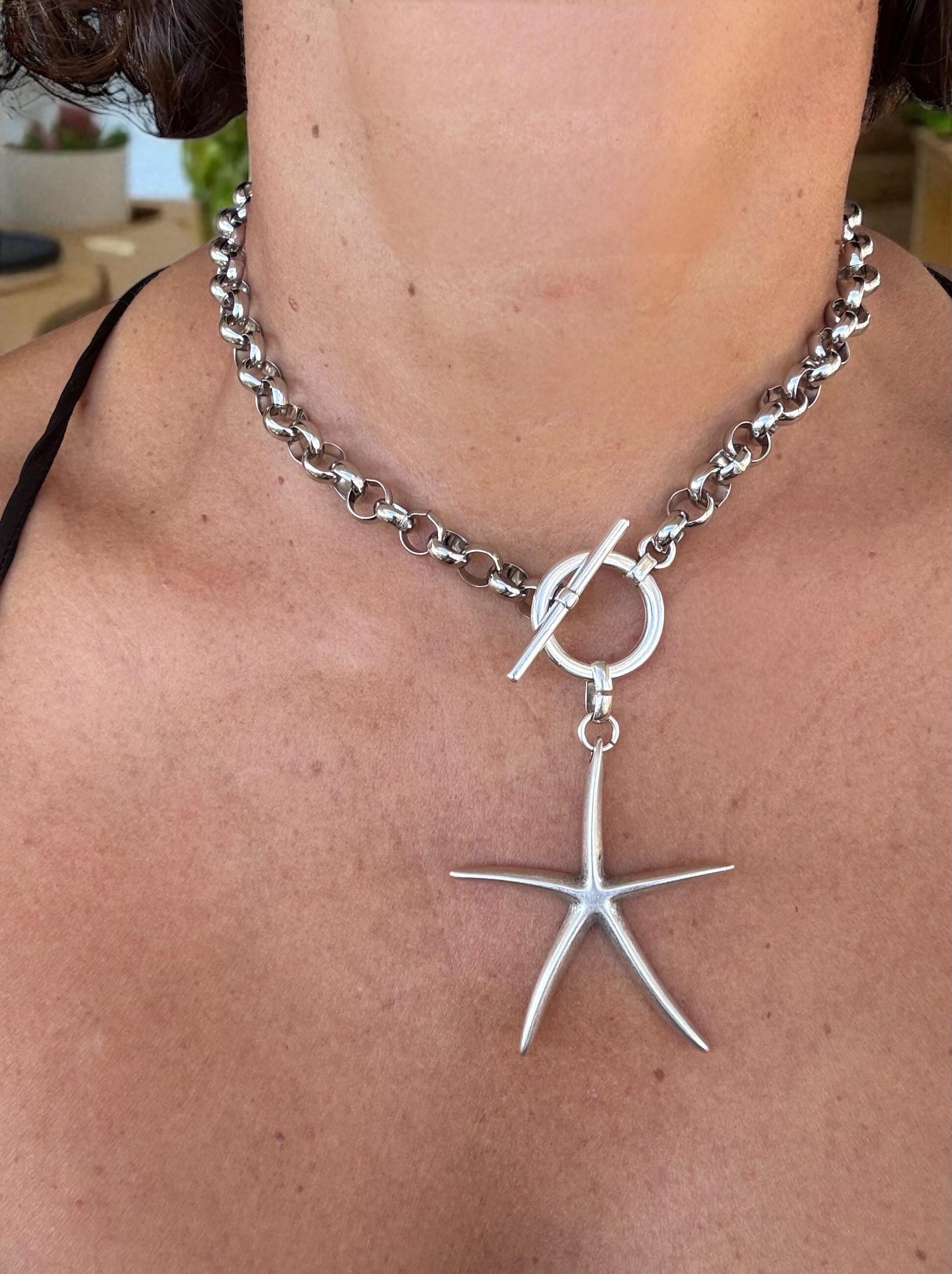 Rolo Chain silver Necklace with Large Starfish Pendant – Adjustable Length – Handmade – Toggle Clasp – Coastal statement jewelry for women
