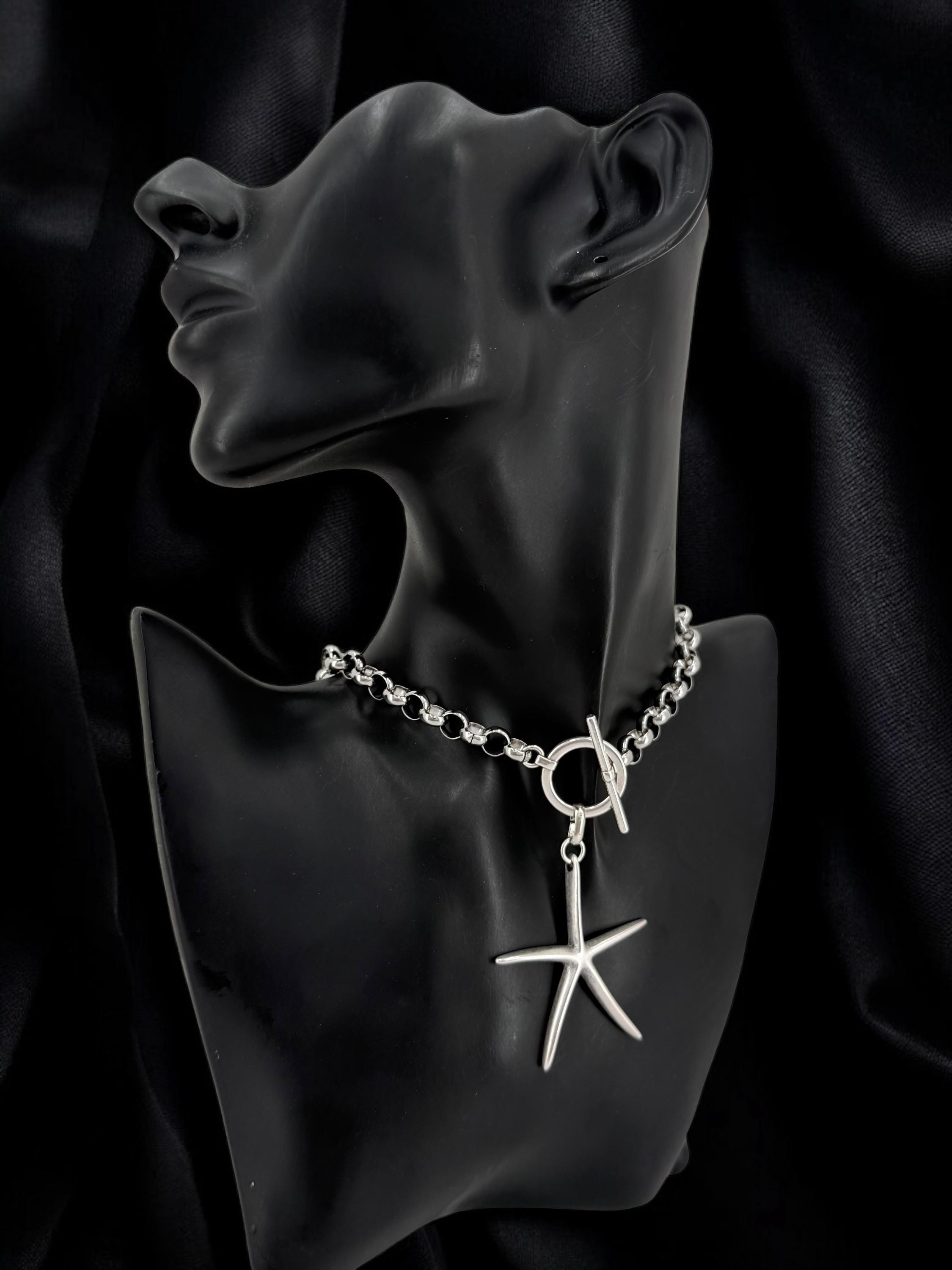 Rolo Chain silver Necklace with Large Starfish Pendant – Adjustable Length – Handmade – Toggle Clasp – Coastal statement jewelry for women