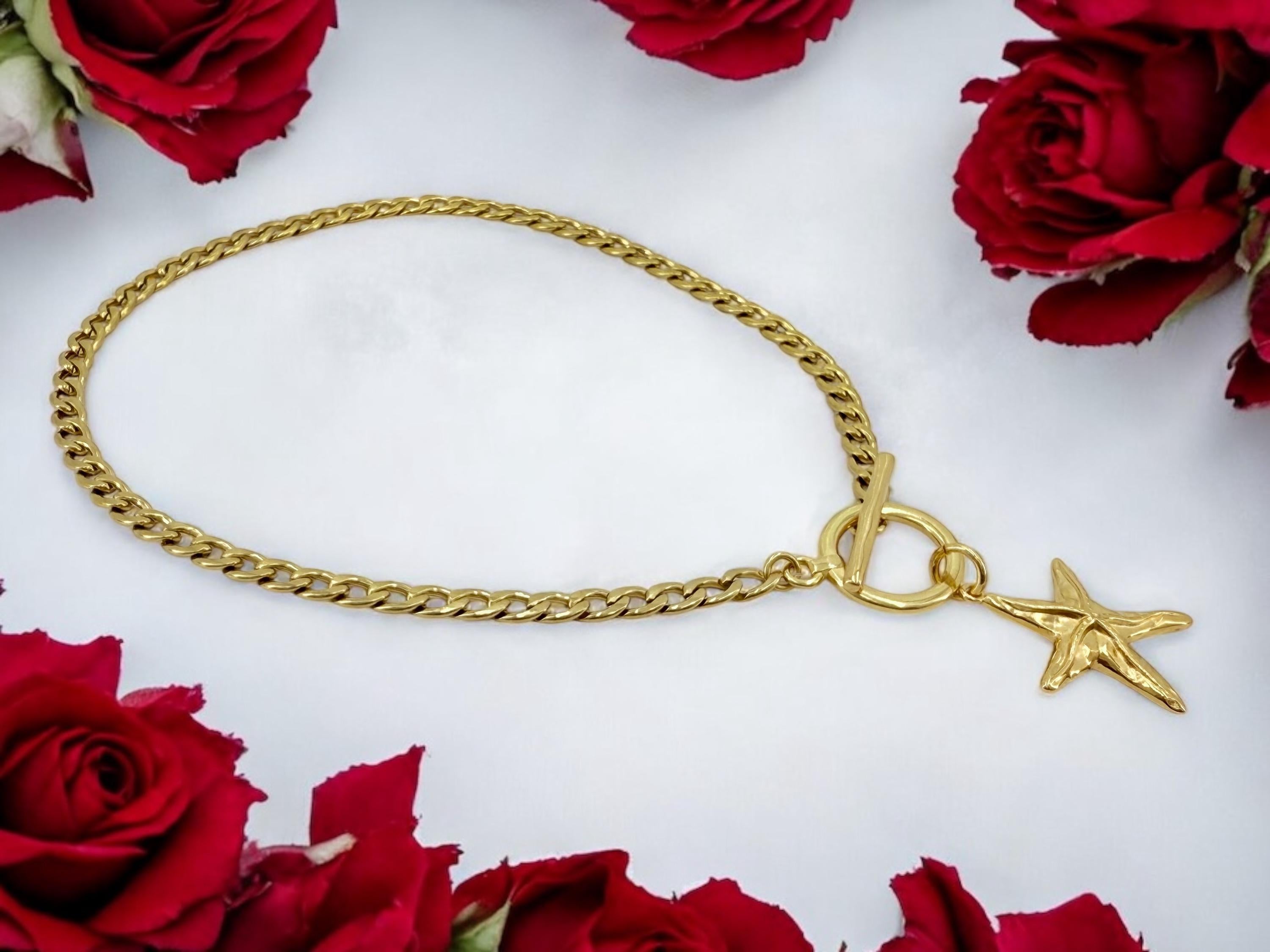 Sculptural Gold Starfish Choker – Cuban Stainless Steel Chain with 24k Gold-Plated Toggle Clasp – Handmade Coastal Statement Necklace