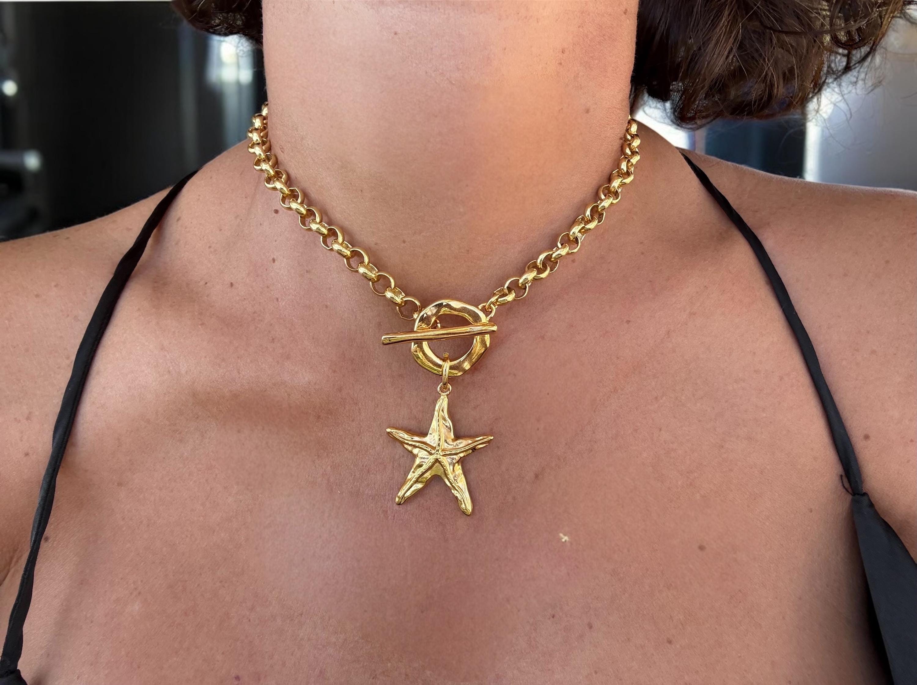 Chunky Gold Starfish Necklace – 24k Gold-Plated Rolo Chain with Toggle Clasp – Handmade Statement Choker - uno de 50 Style