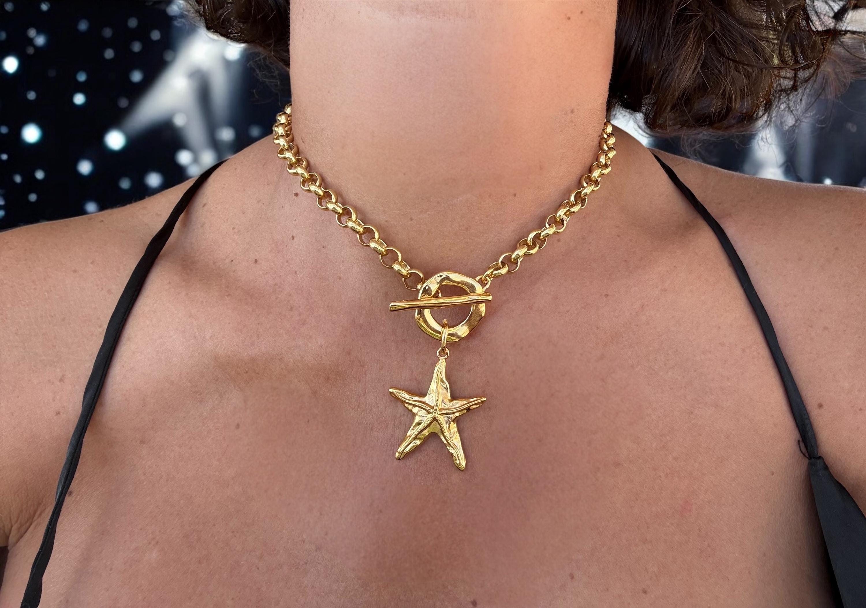 Chunky Gold Starfish Necklace – 24k Gold-Plated Rolo Chain with Toggle Clasp – Handmade Statement Choker - uno de 50 Style