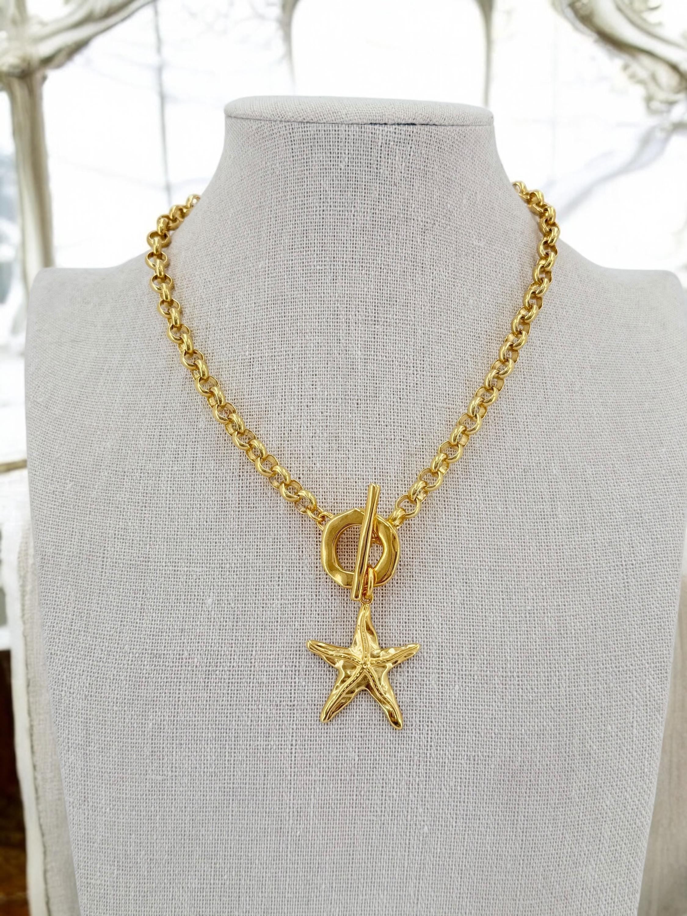 Chunky Gold Starfish Necklace – 24k Gold-Plated Rolo Chain with Toggle Clasp – Handmade Statement Choker - uno de 50 Style