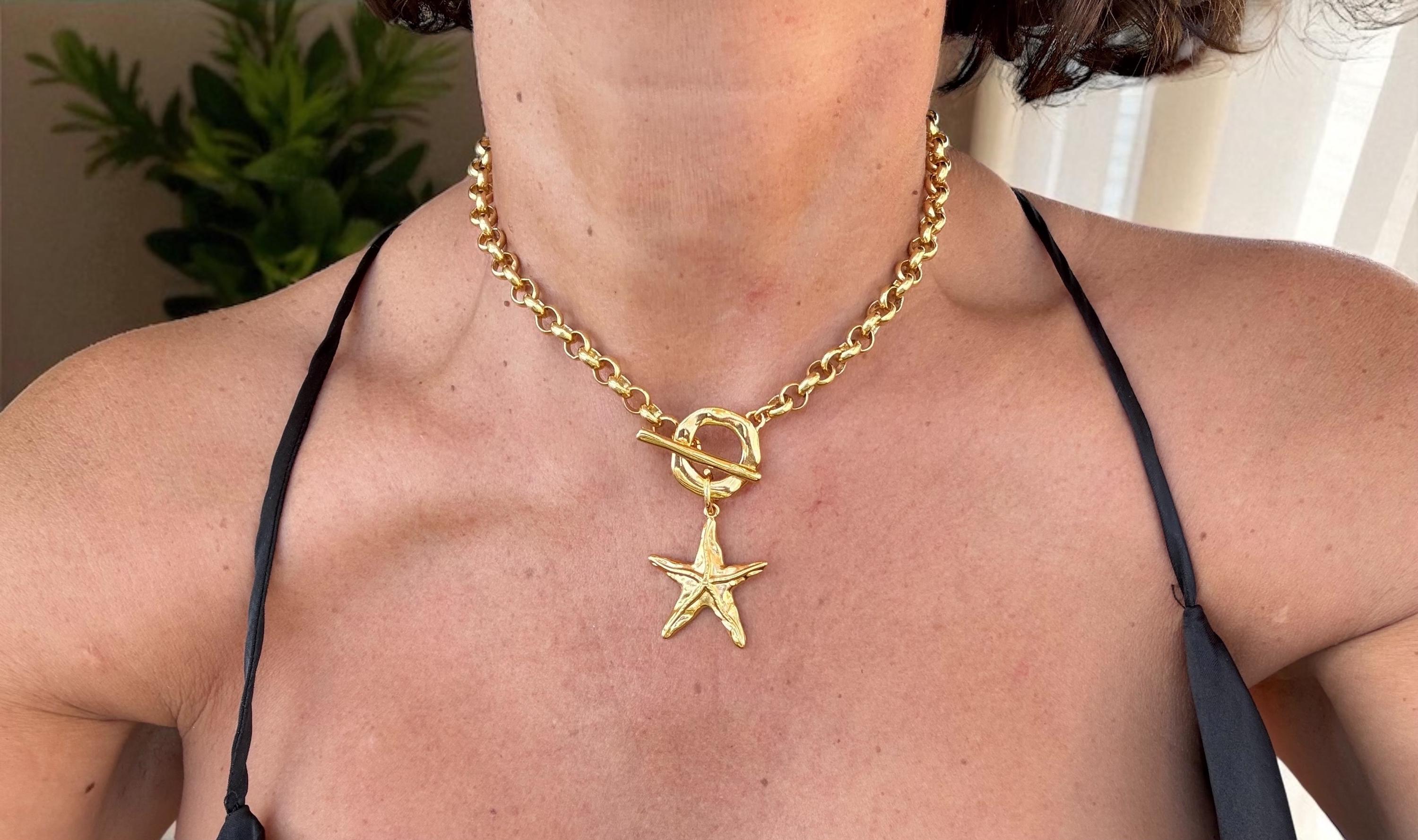 Chunky Gold Starfish Necklace – 24k Gold-Plated Rolo Chain with Toggle Clasp – Handmade Statement Choker - uno de 50 Style