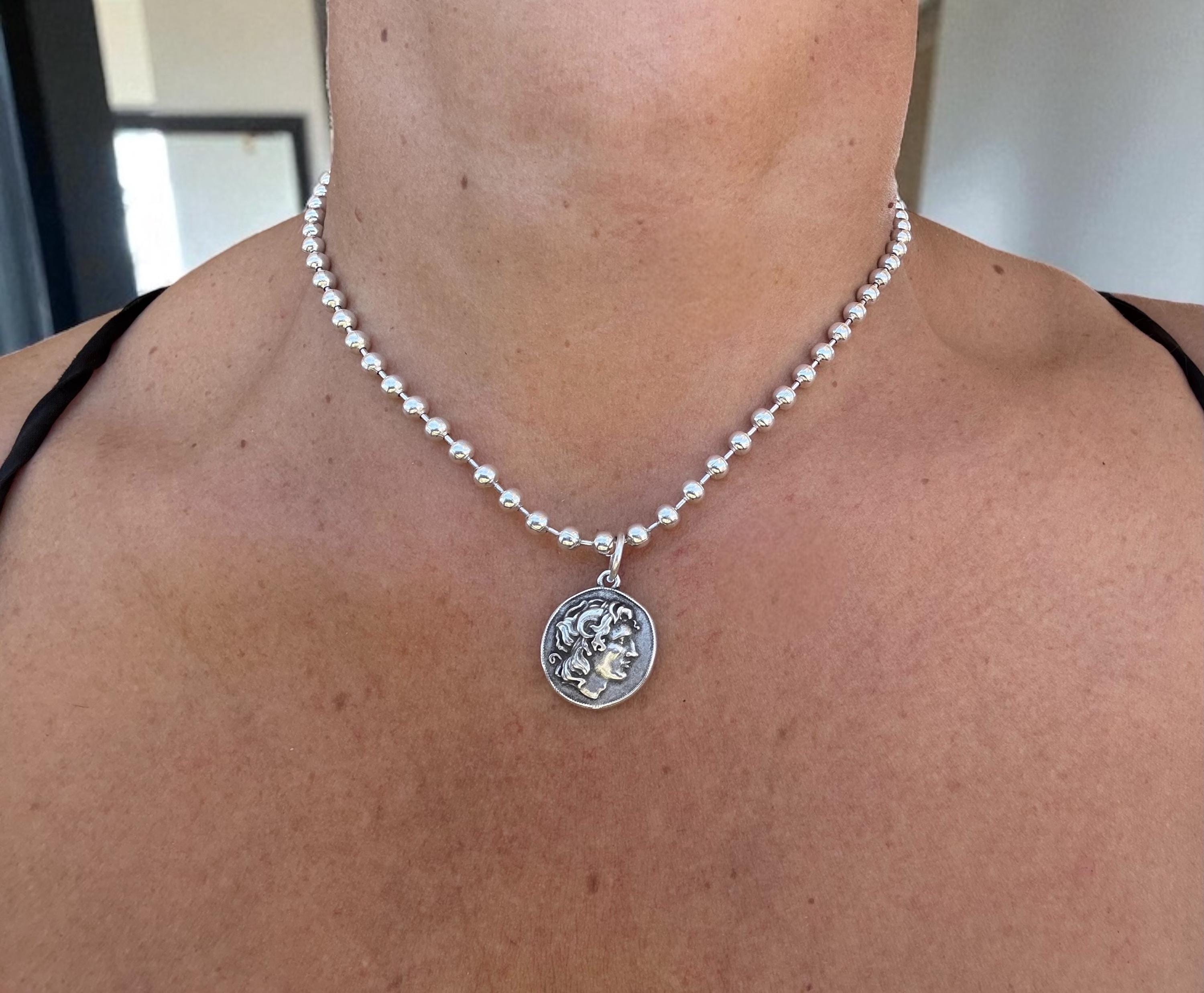 Alexander the Great Coin Necklace – Silver-Plated Beaded Chain with Greek Medallion – Handmade Historical Jewelry