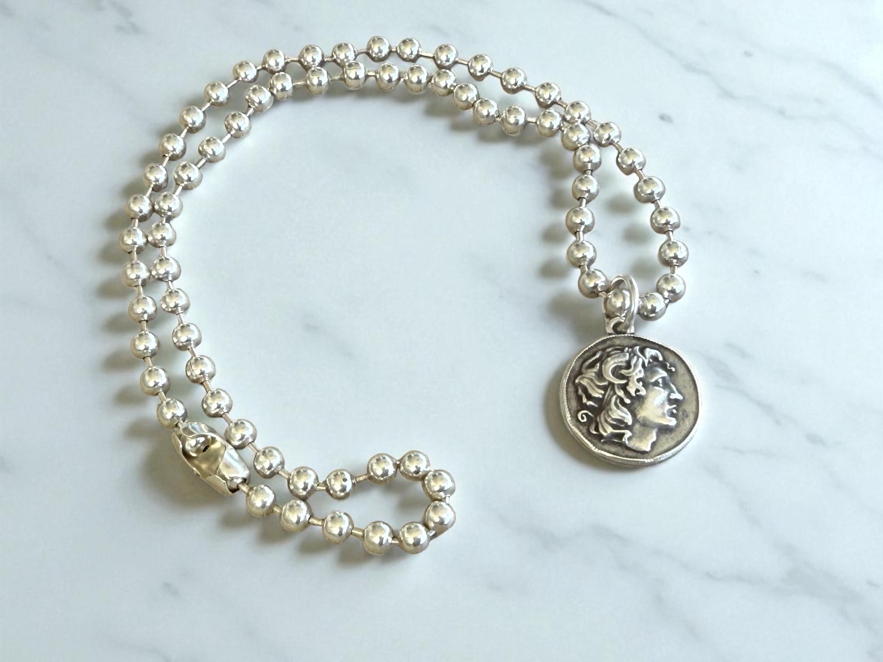 Alexander the Great Coin Necklace – Silver-Plated Beaded Chain with Greek Medallion – Handmade Historical Jewelry