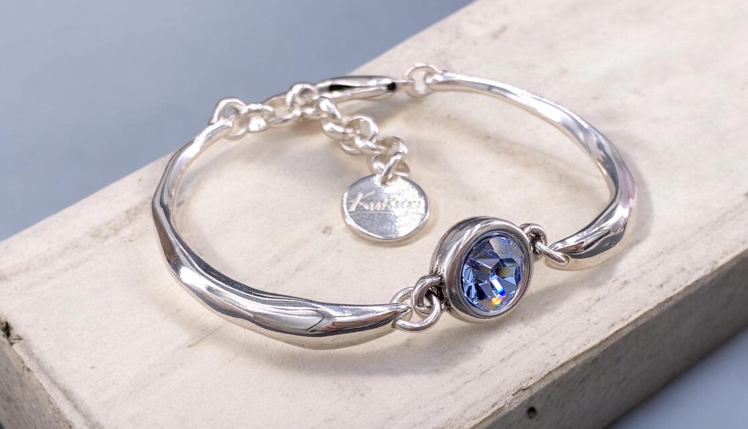 Curved Silver-Plated Bracelet with Swarovski Crystal – Semi-Rigid, Minimalist exclusive Kukuri Design – Handmade Adjustable Jewelry -