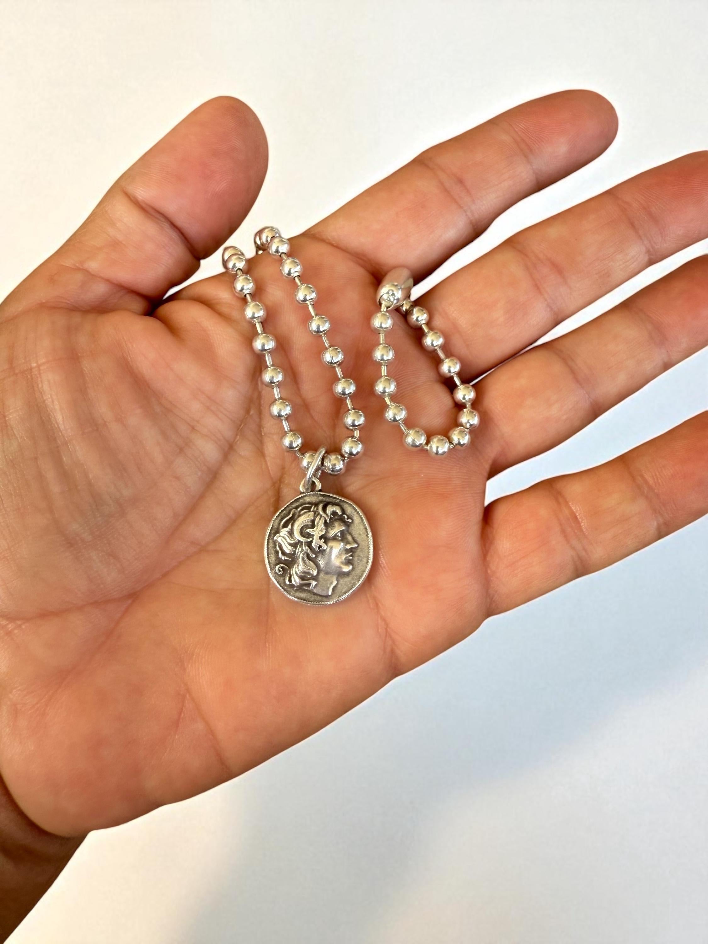 Alexander the Great Coin Necklace – Silver-Plated Beaded Chain with Greek Medallion – Handmade Historical Jewelry