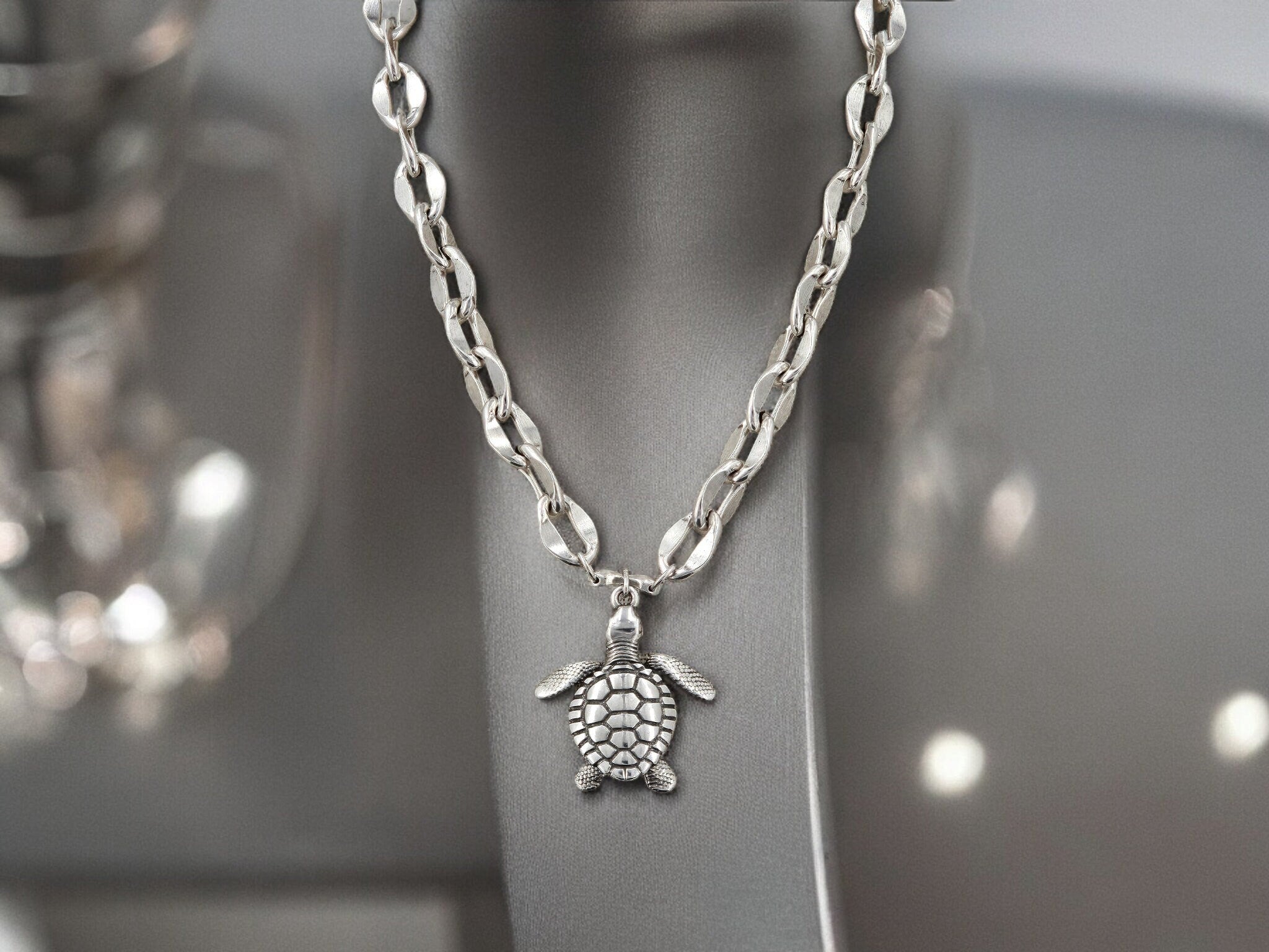 Turtle pendant necklace, chunky silver necklace, statement pendant necklace, bold necklace, gift for her.