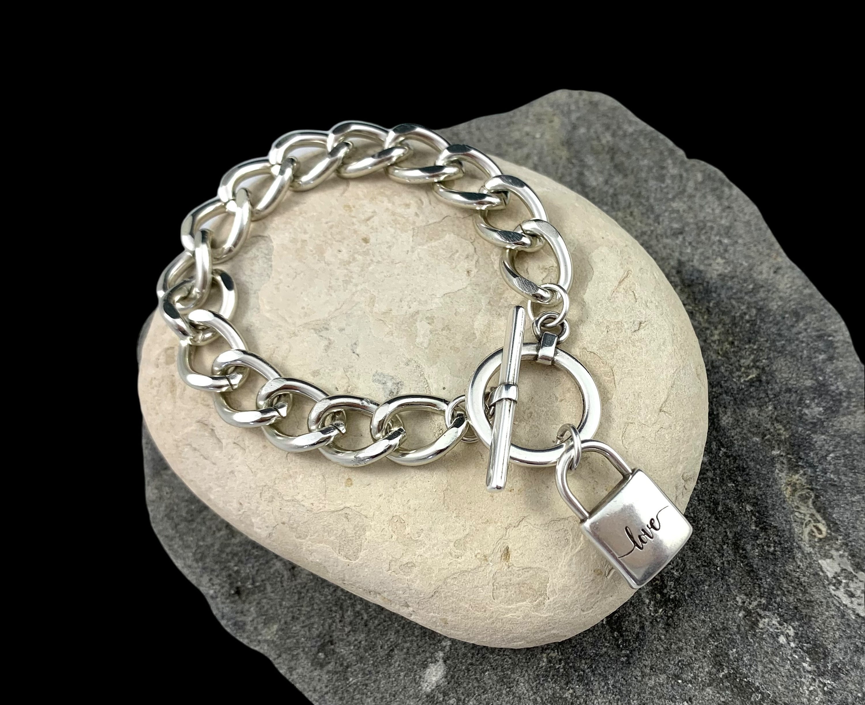 Heavyweight chunky silver toggle bracelet with padlock pendant, heavy solid bold chain chunky silver bracelet, uno de 50 style, Xmas gift