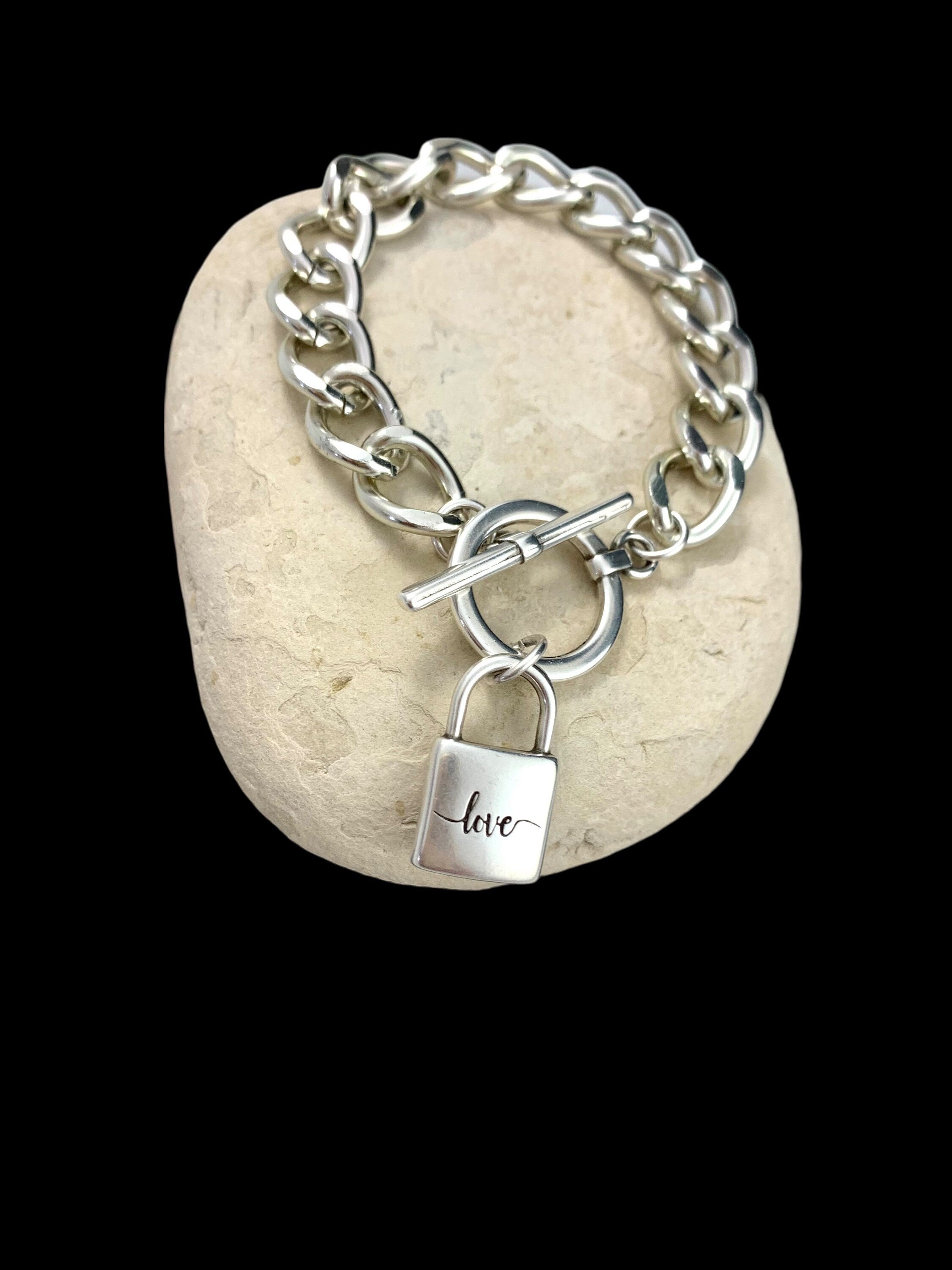 Heavyweight chunky silver toggle bracelet with padlock pendant, heavy solid bold chain chunky silver bracelet, uno de 50 style, Xmas gift